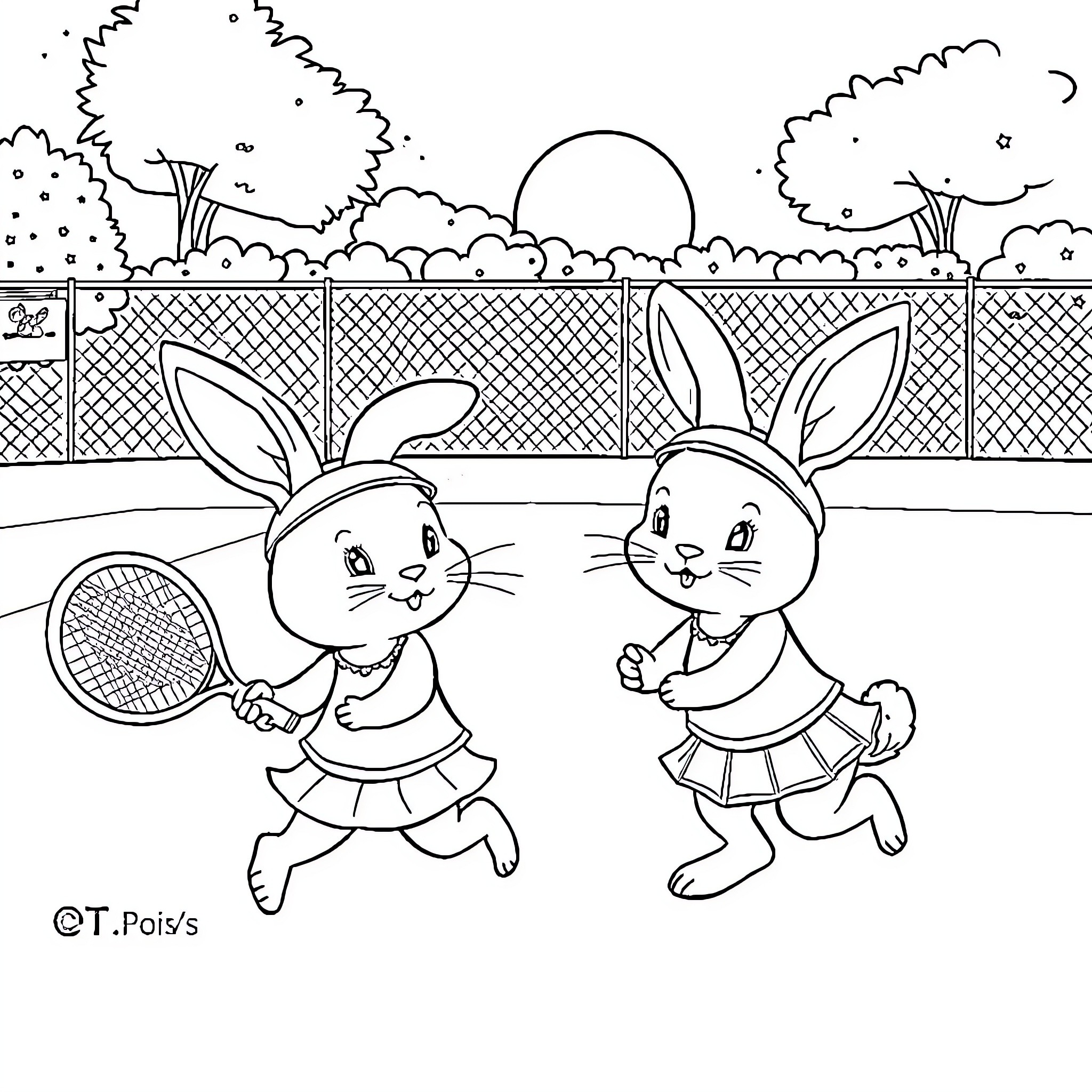 Rabbit friends playing tennis in the park Coloring Page (free black-and-white line drawing printable PDF for all, from beginners to advanced learners, including children, teens, adults, and seniors)