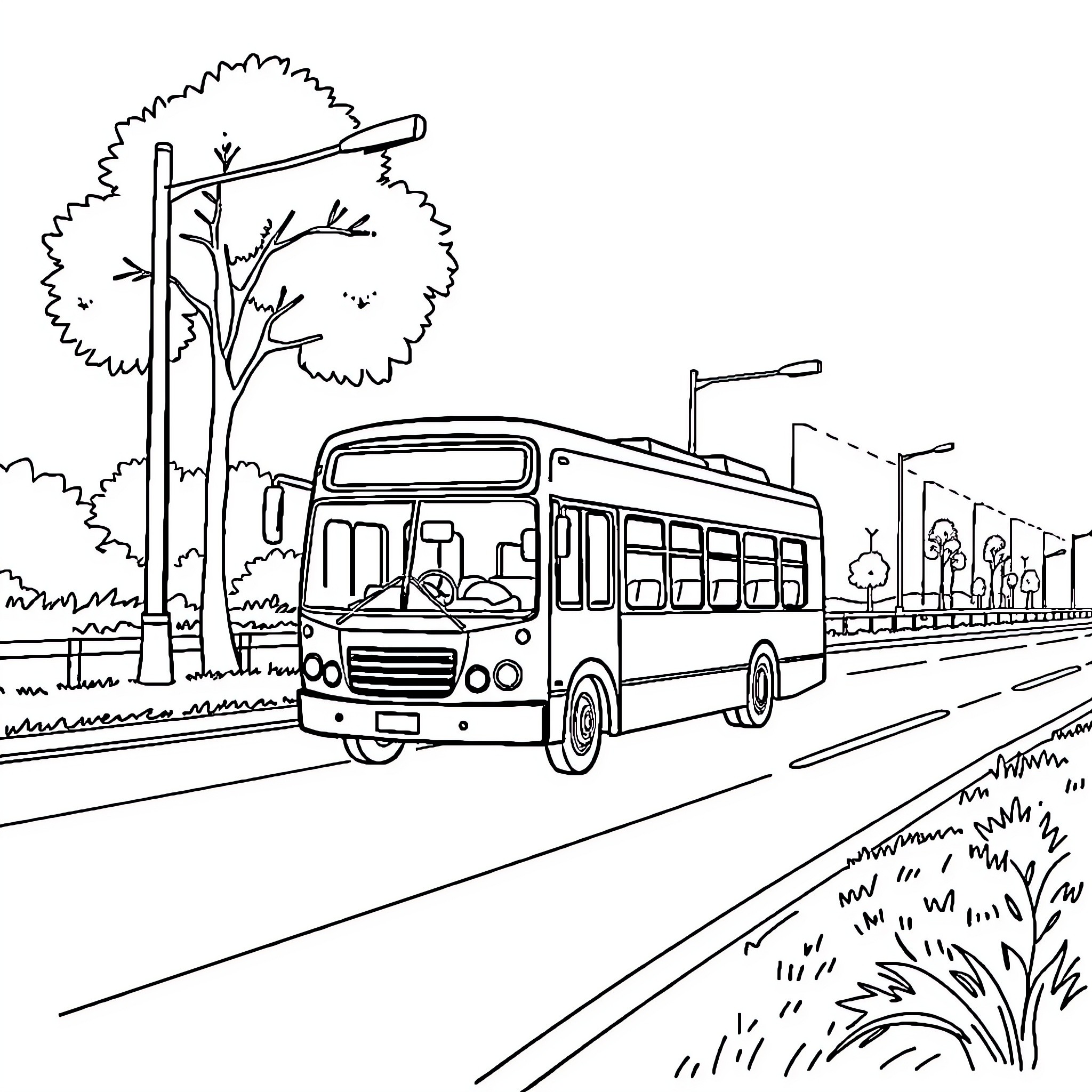 Bus driving on a street with trees and people Coloring Page (free black-and-white line drawing printable PDF for all, from beginners to advanced learners, including children, teens, adults, and seniors)