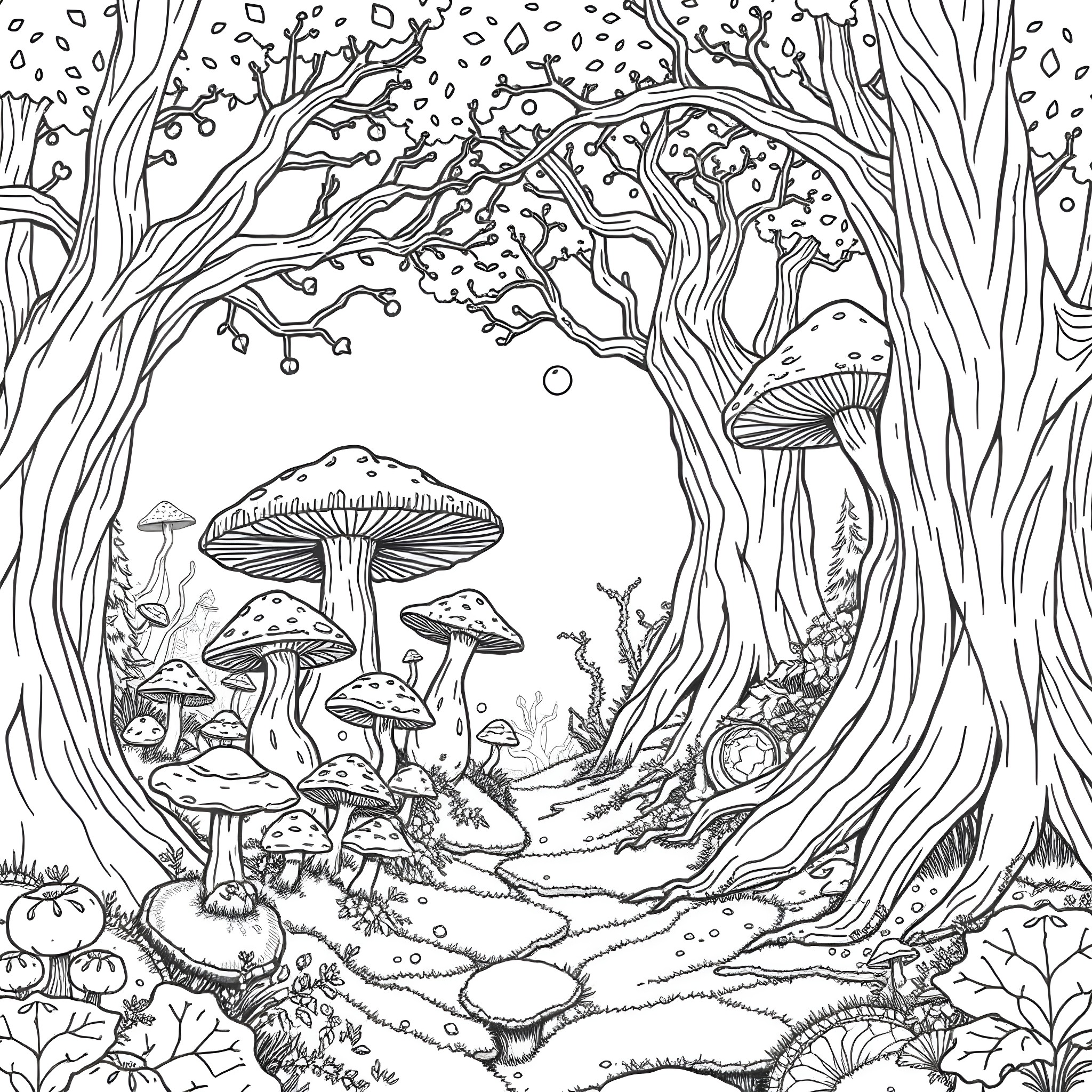 Mushroom Forest Scene with Whimsical Elements Coloring Page (free black-and-white line drawing printable PDF for all, from beginners to advanced learners, including children, teens, adults, and seniors)