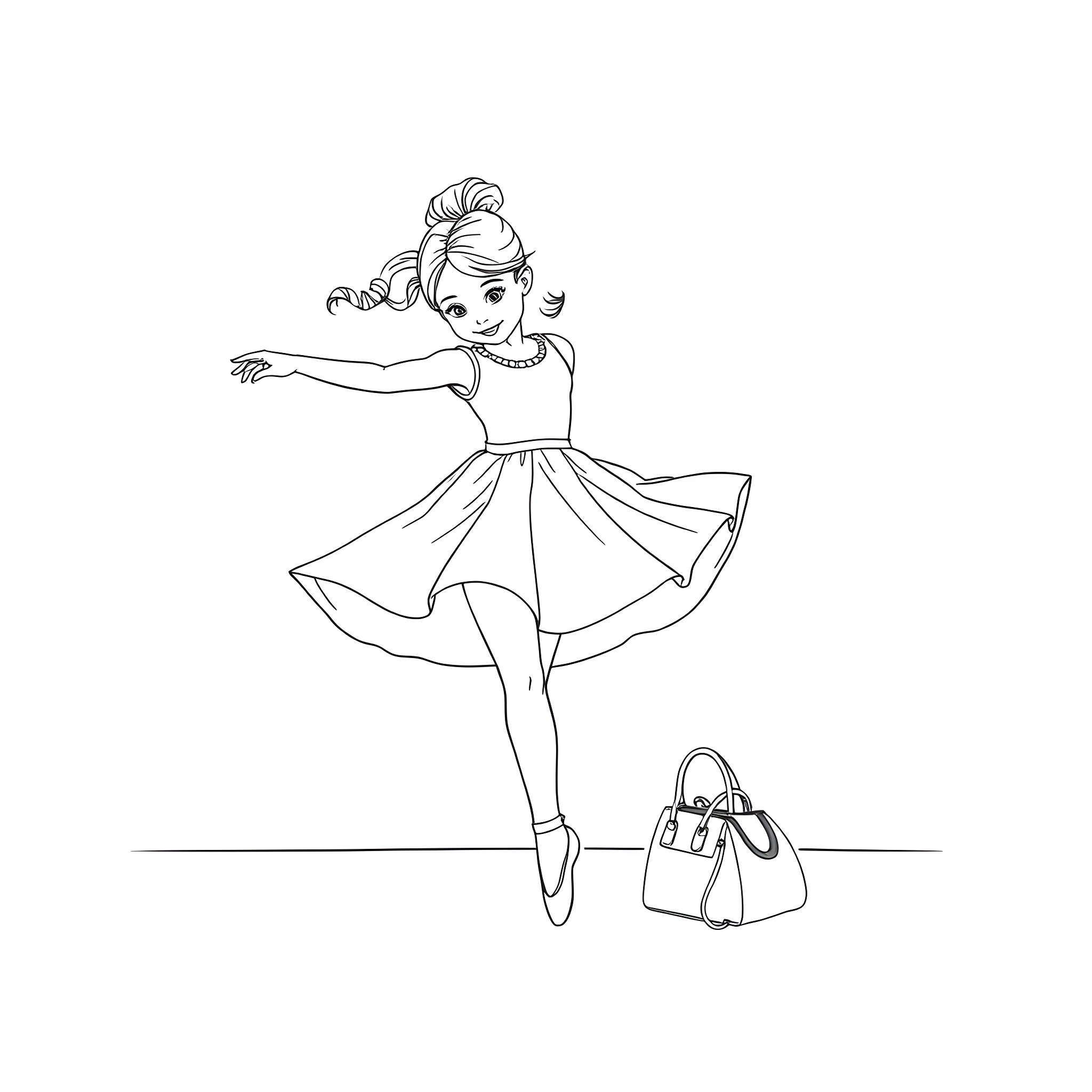 Ballerina gracefully dancing with handbag Coloring Page (free black-and-white line drawing printable PDF for all, from beginners to advanced learners, including children, teens, adults, and seniors)