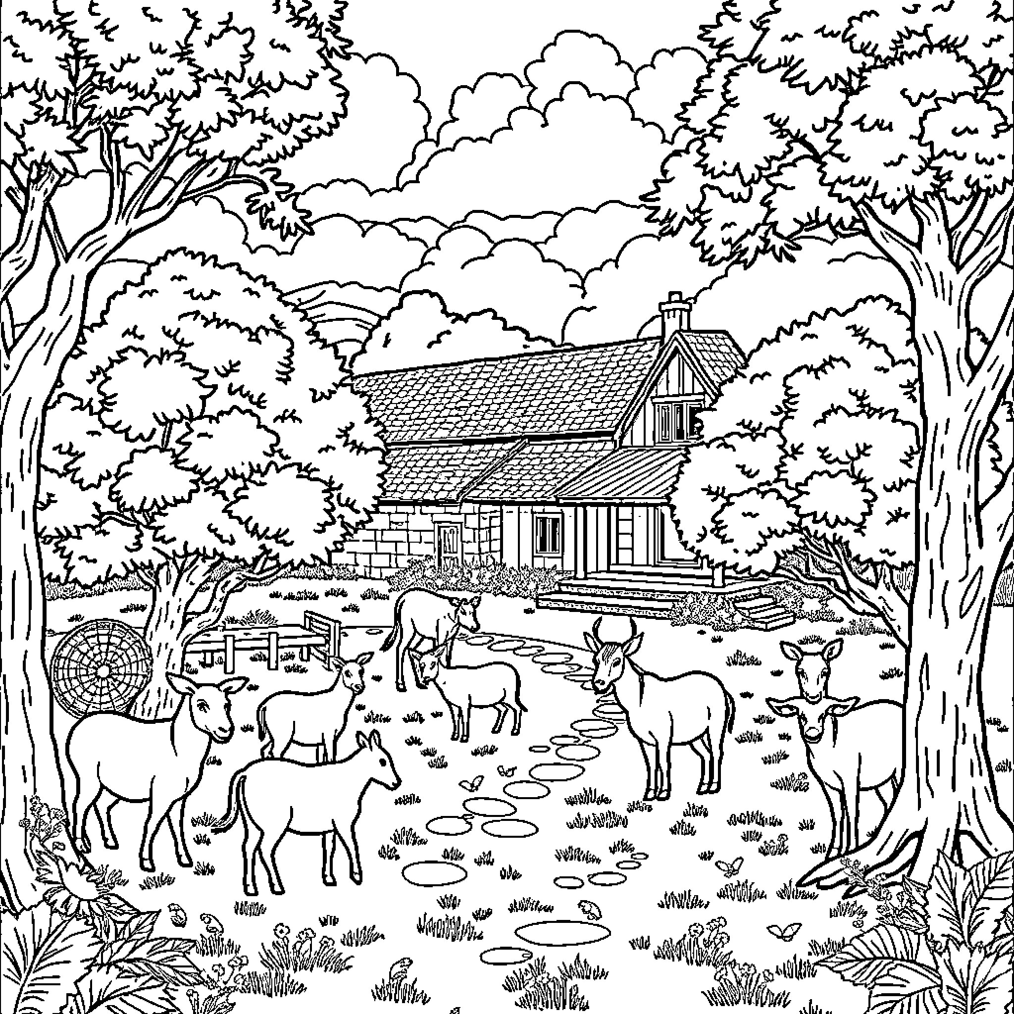 Farm scene with wildlife and rustic cabin Coloring Page (free black-and-white line drawing printable PDF for all, from beginners to advanced learners, including children, teens, adults, and seniors)