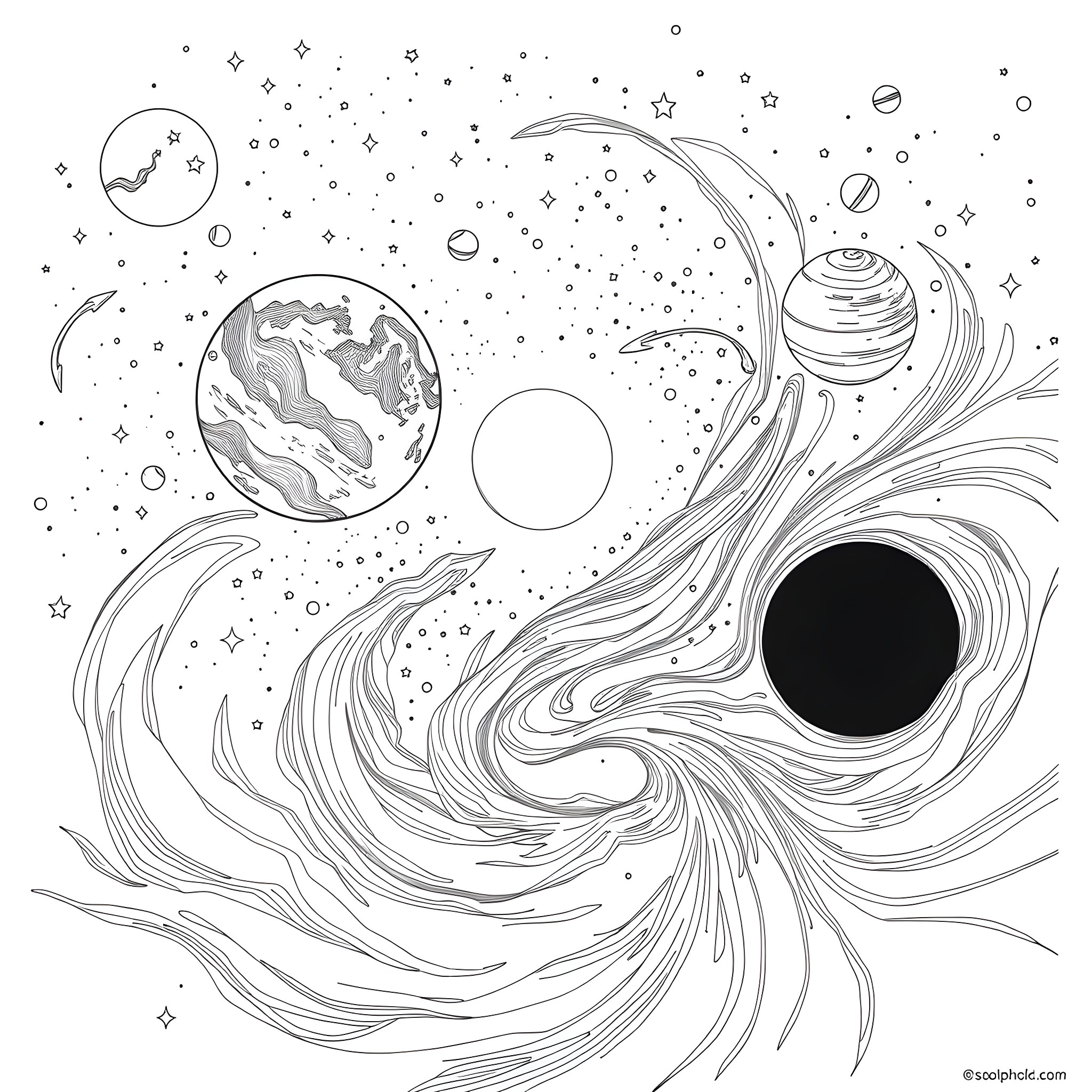 Planet Cosmic Journey Through Space Wonders Coloring Page (free black-and-white line drawing printable PDF for all, from beginners to advanced learners, including children, teens, adults, and seniors)