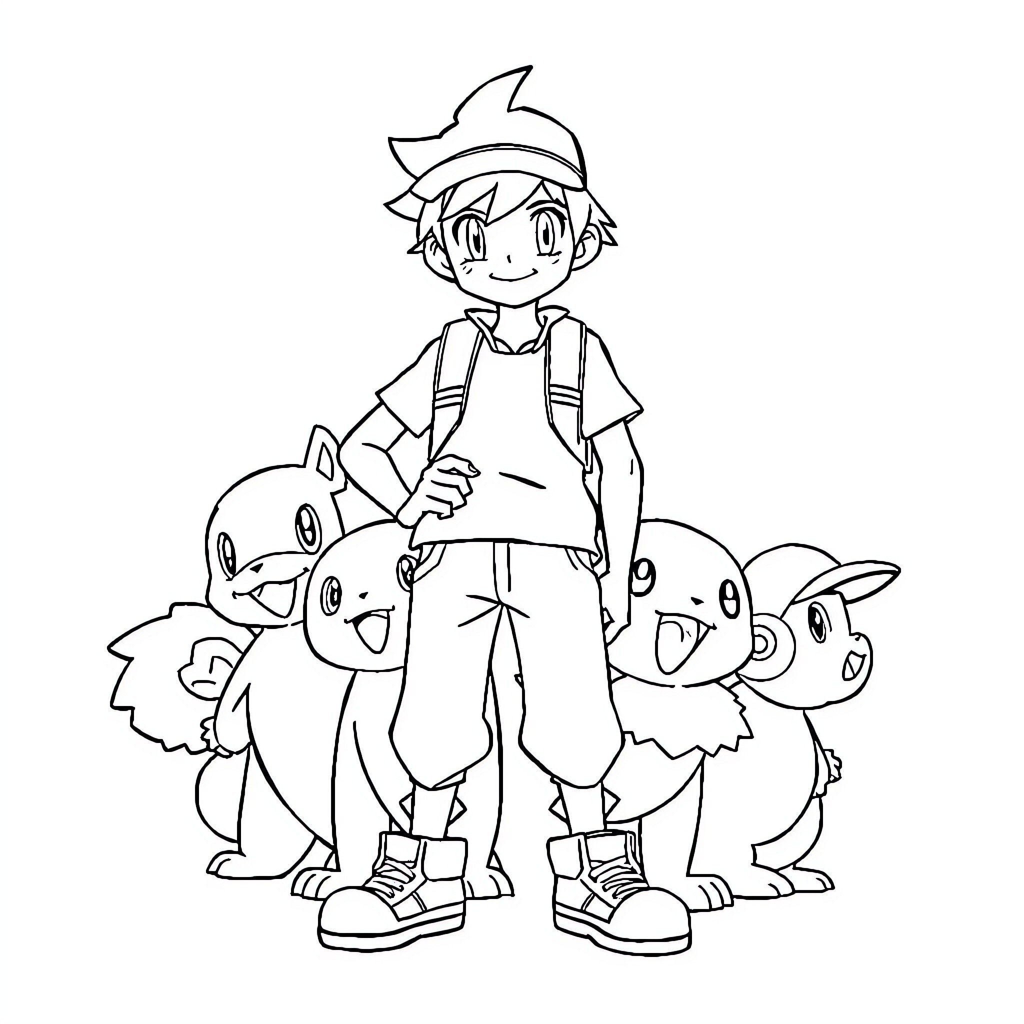 Ash Ketchum with his Pokémon companions Coloring Page (free black-and-white line drawing printable PDF for all, from beginners to advanced learners, including children, teens, adults, and seniors)