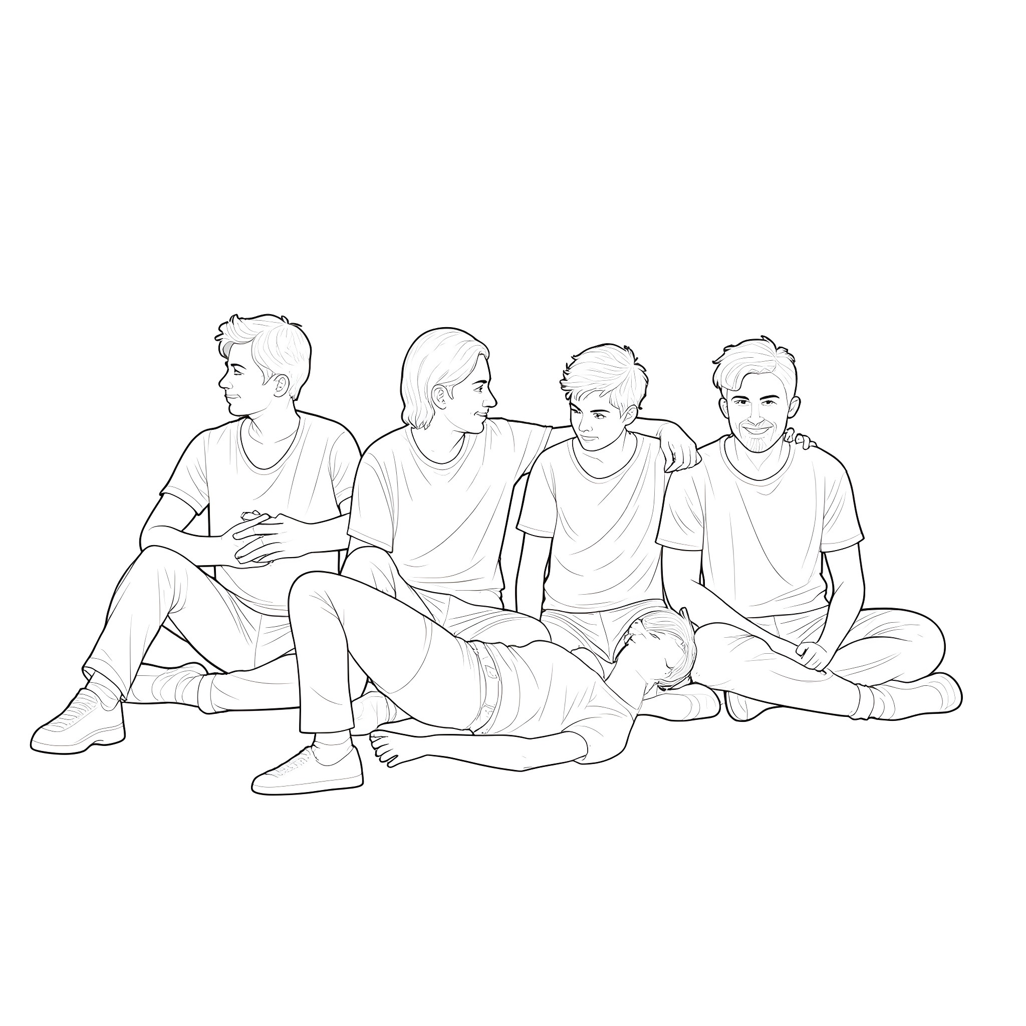 Person sitting together as a group Coloring Page (free black-and-white line drawing printable PDF for all, from beginners to advanced learners, including children, teens, adults, and seniors)