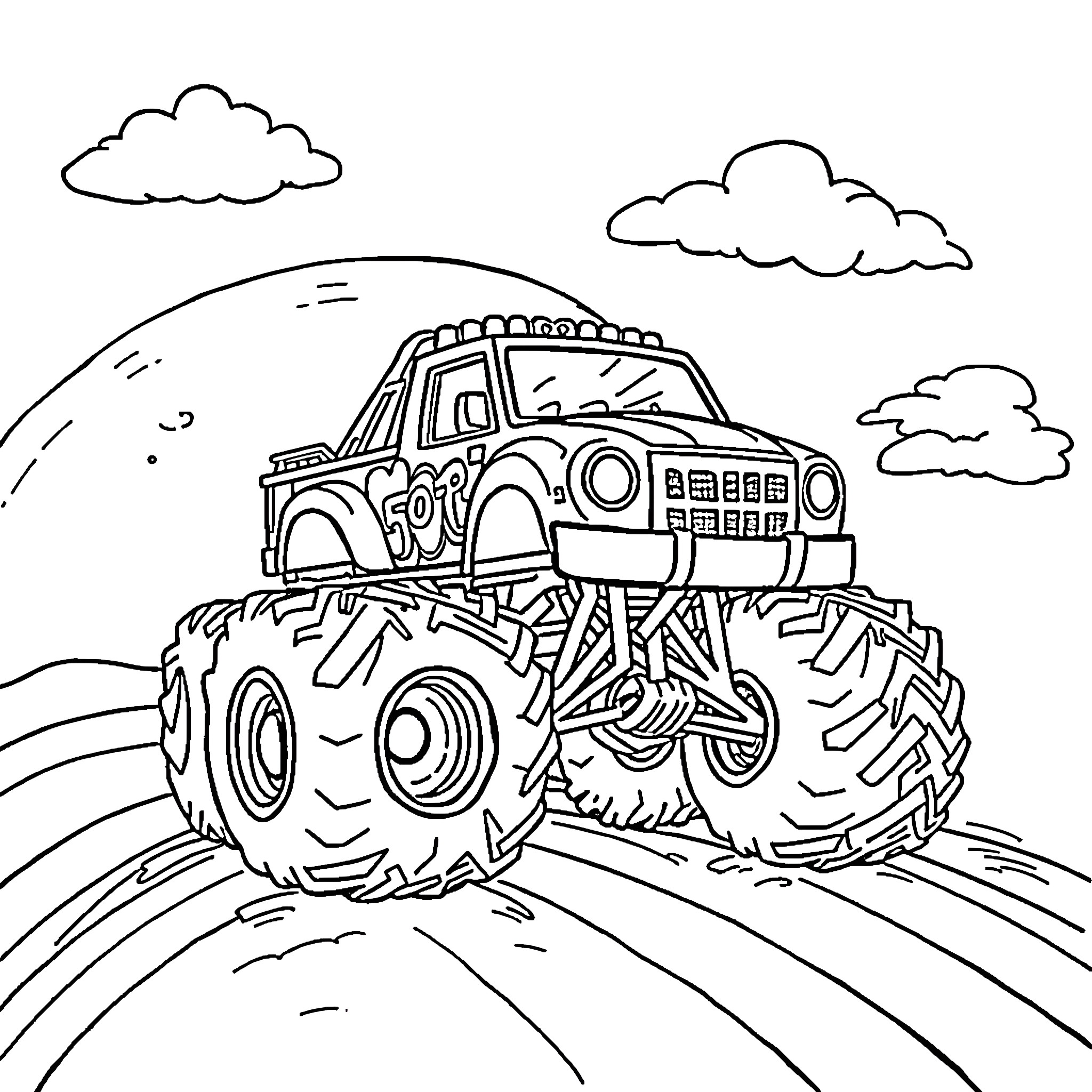 Monster Truck Crushing Through Rugged Terrain Coloring Page (free black-and-white line drawing printable PDF for all, from beginners to advanced learners, including children, teens, adults, and seniors)