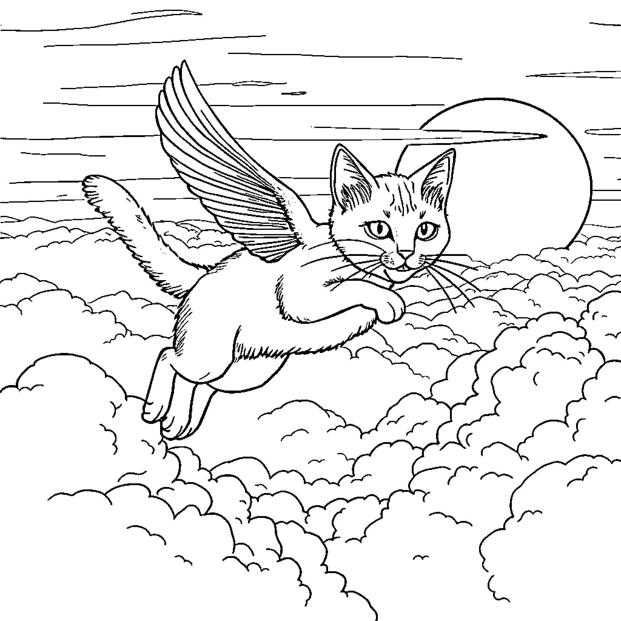 Cat flying with wings in the sky Coloring Page (free black-and-white line drawing printable PDF for all, from beginners to advanced learners, including children, teens, adults, and seniors)
