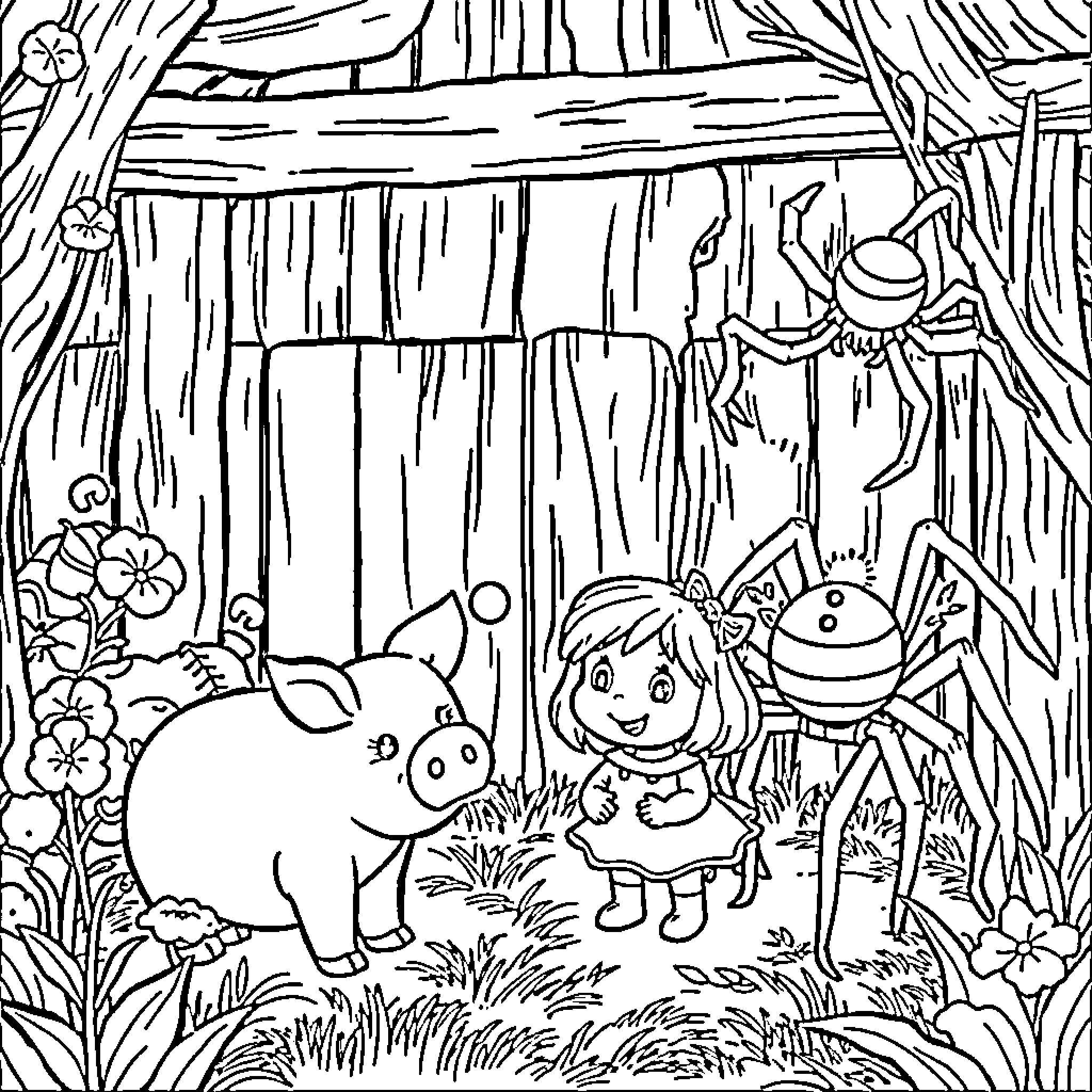 Charlotte's Picnic in the Enchanted Forest Coloring Page (free black-and-white line drawing printable PDF for all, from beginners to advanced learners, including children, teens, adults, and seniors)