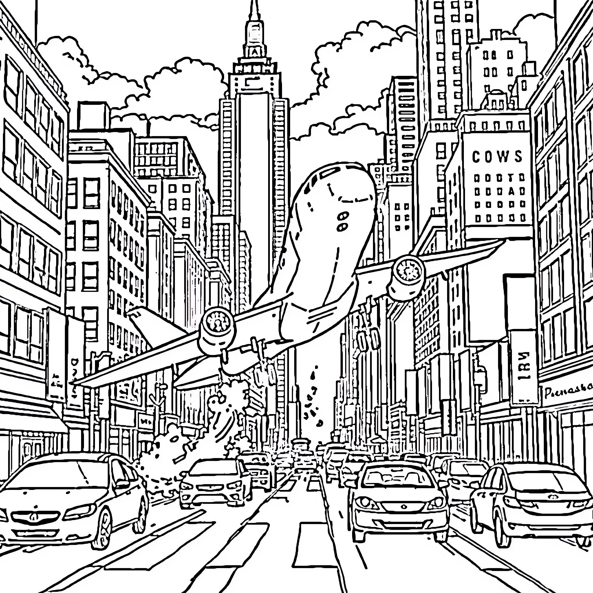 Airplane flying over busy city street Coloring Page (free black-and-white line drawing printable PDF for all, from beginners to advanced learners, including children, teens, adults, and seniors)
