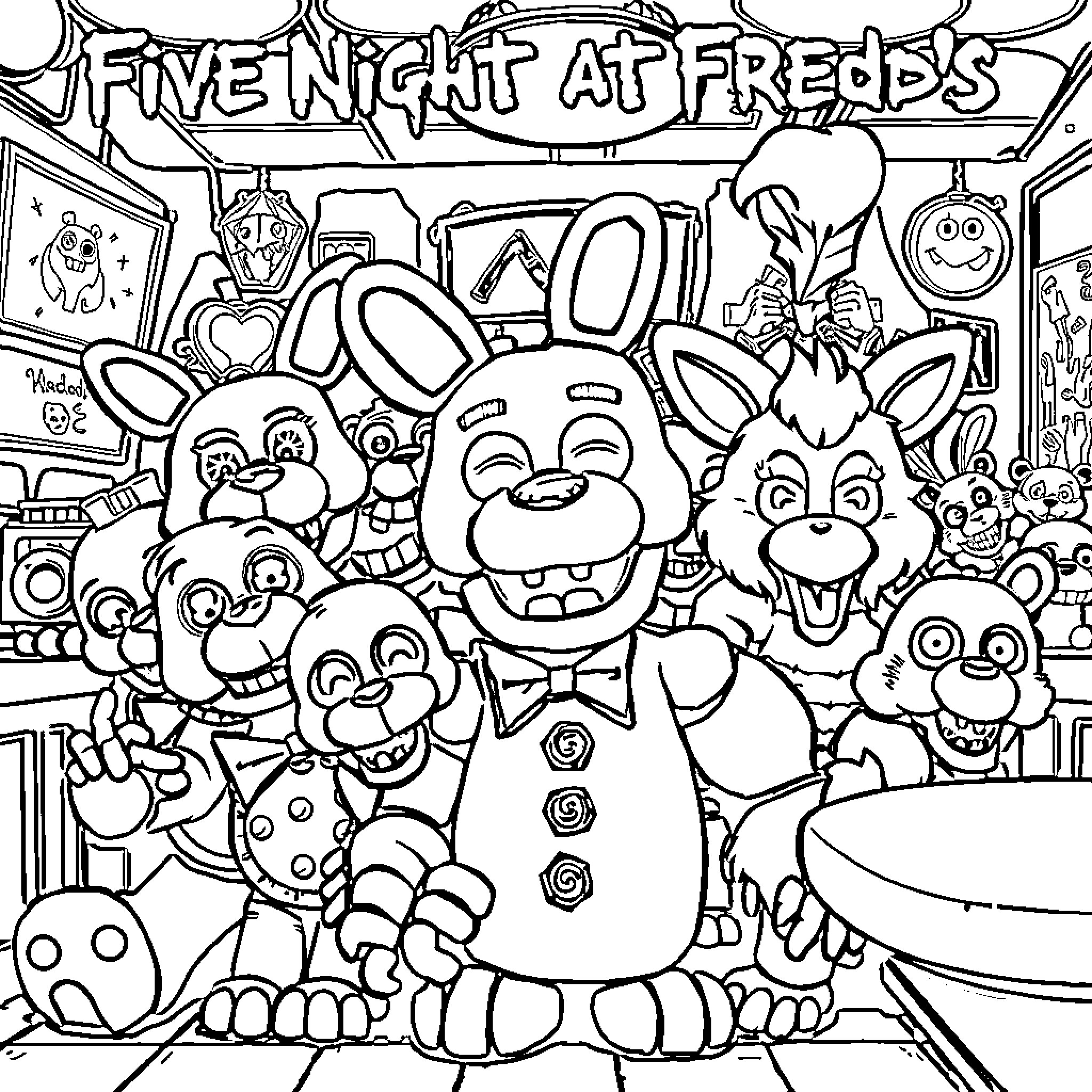 Five Nights at Freddy's: Animatronic Gathering Coloring Page (free black-and-white line drawing printable PDF for all, from beginners to advanced learners, including children, teens, adults, and seniors)