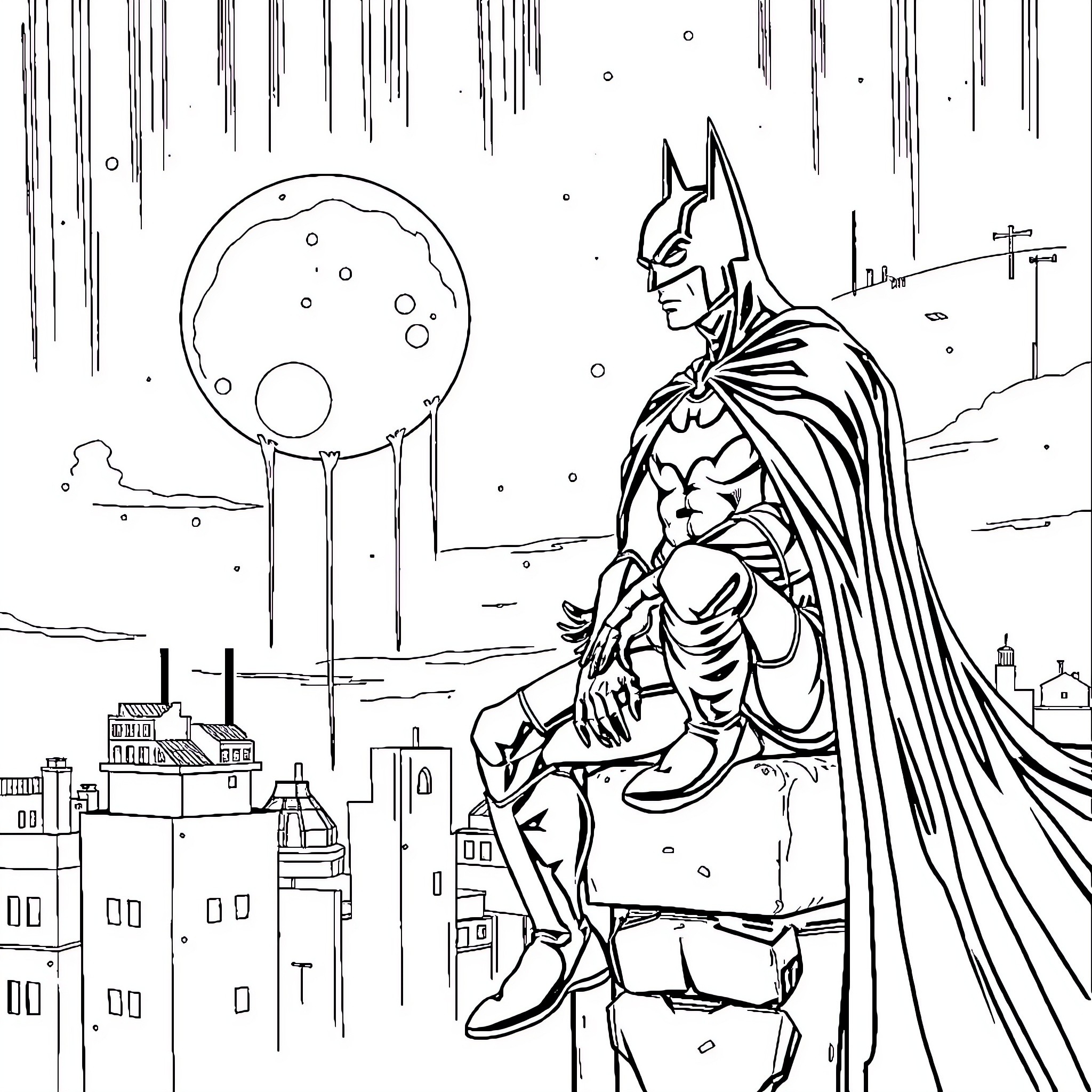 Batman Overlooking the City at Night Coloring Page (free black-and-white line drawing printable PDF for all, from beginners to advanced learners, including children, teens, adults, and seniors)