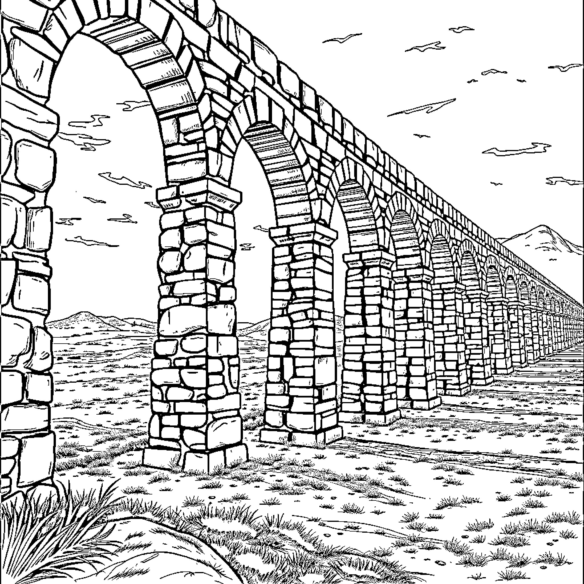 Aqueduct arches framing the landscape Coloring Page (free black-and-white line drawing printable PDF for all, from beginners to advanced learners, including children, teens, adults, and seniors)