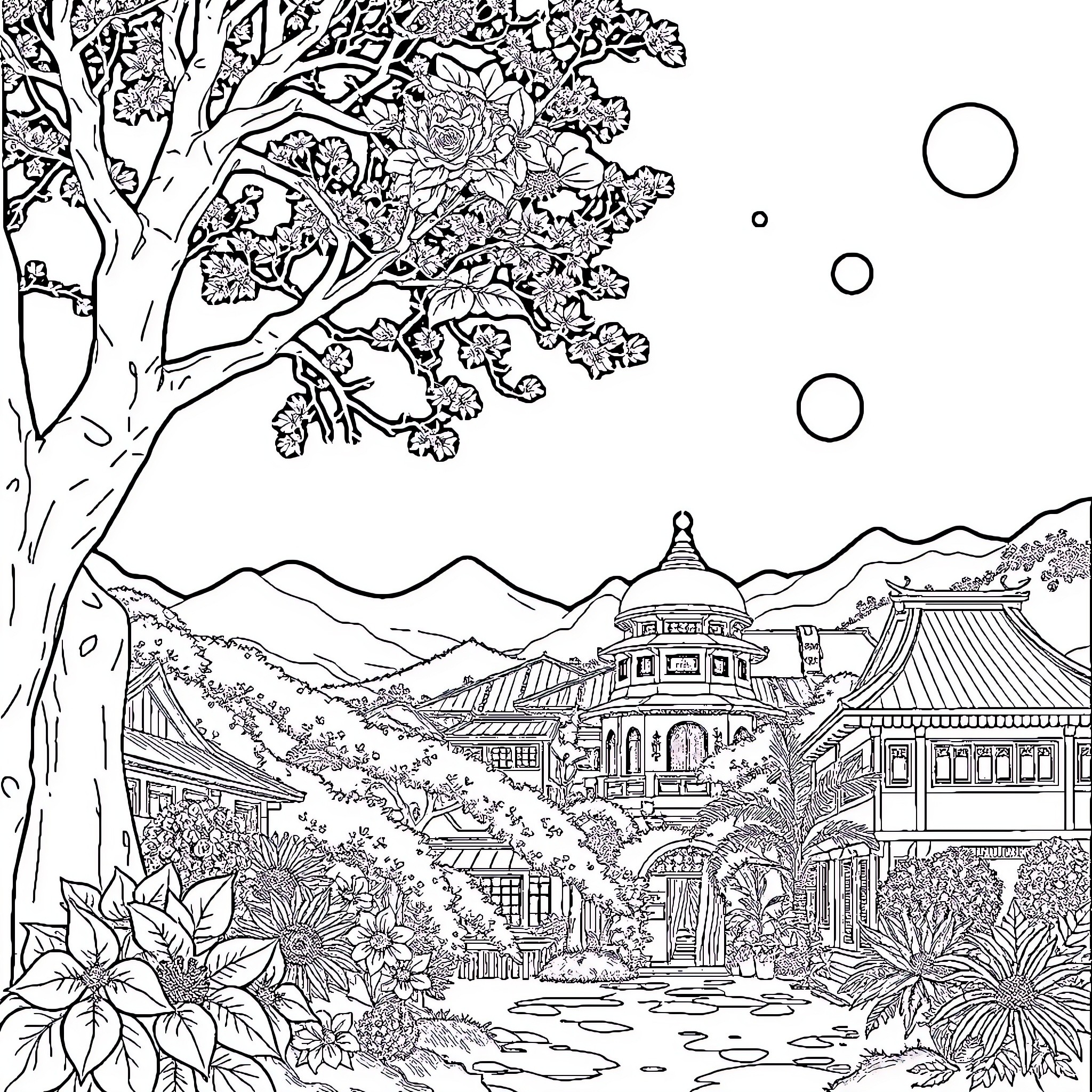 Girl in a peaceful Japanese garden Coloring Page (free black-and-white line drawing printable PDF for all, from beginners to advanced learners, including children, teens, adults, and seniors)