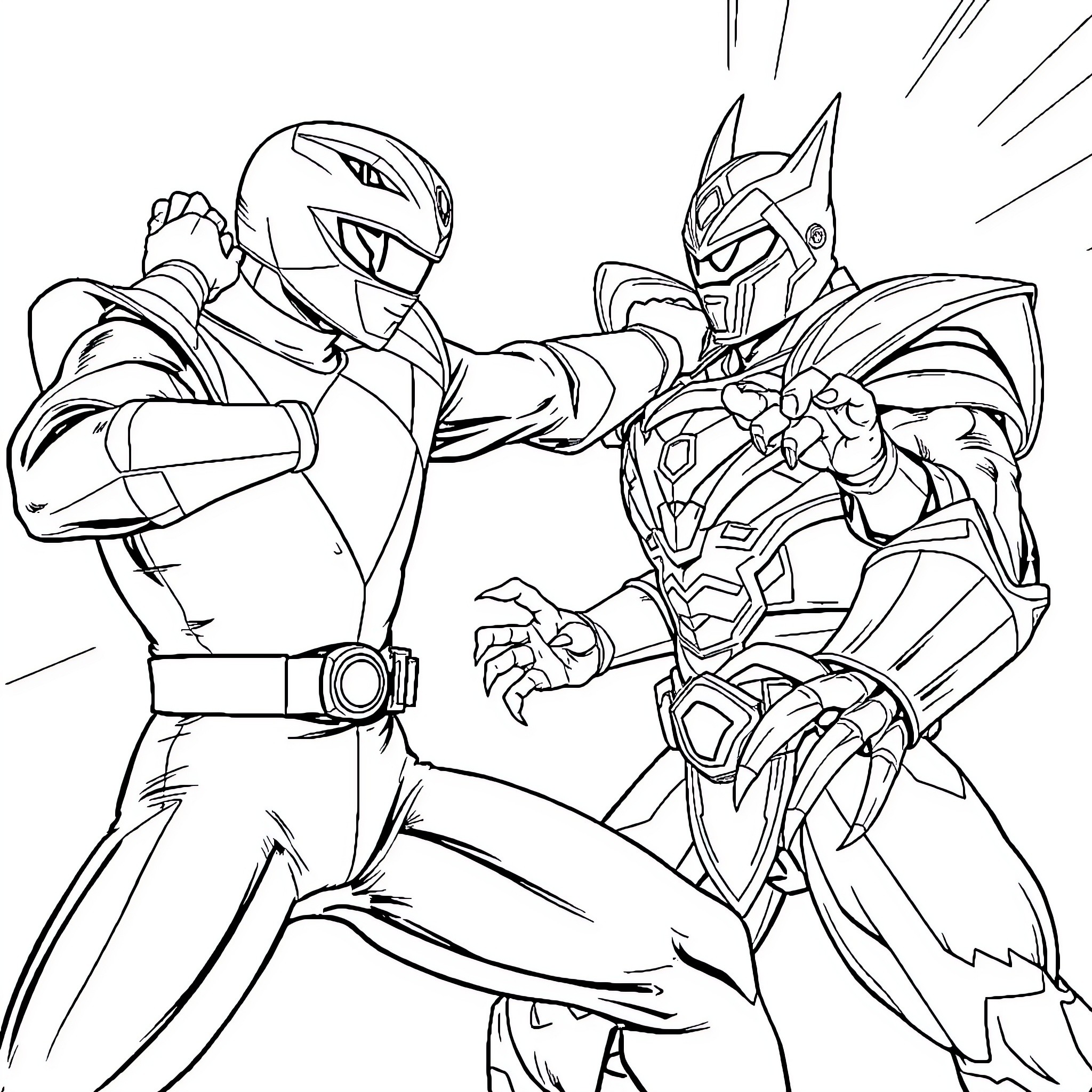 Power Rangers Battle in Heroic Clash Coloring Page (free black-and-white line drawing printable PDF for all, from beginners to advanced learners, including children, teens, adults, and seniors)