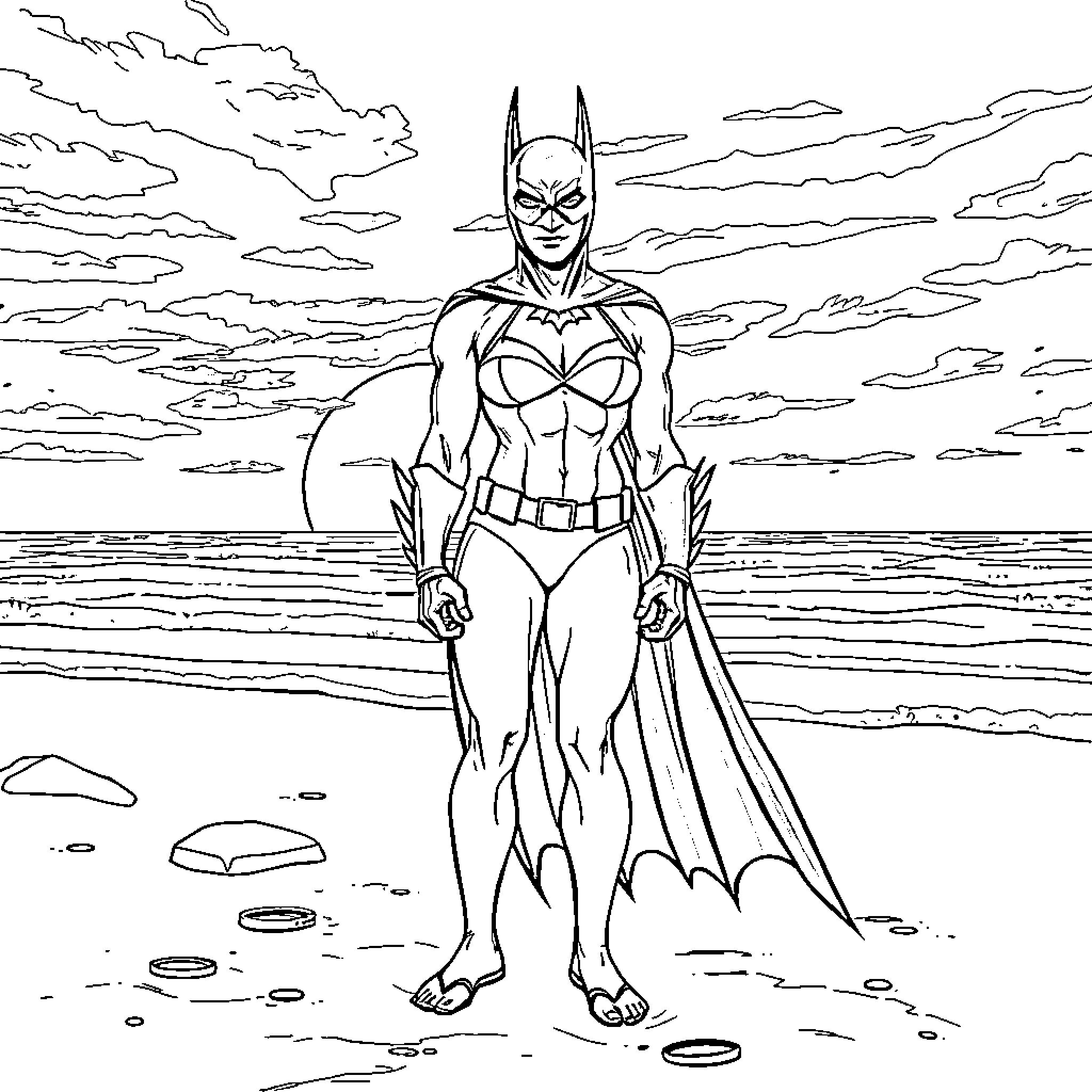 Batman standing heroically on a beach Coloring Page (free black-and-white line drawing printable PDF for all, from beginners to advanced learners, including children, teens, adults, and seniors)