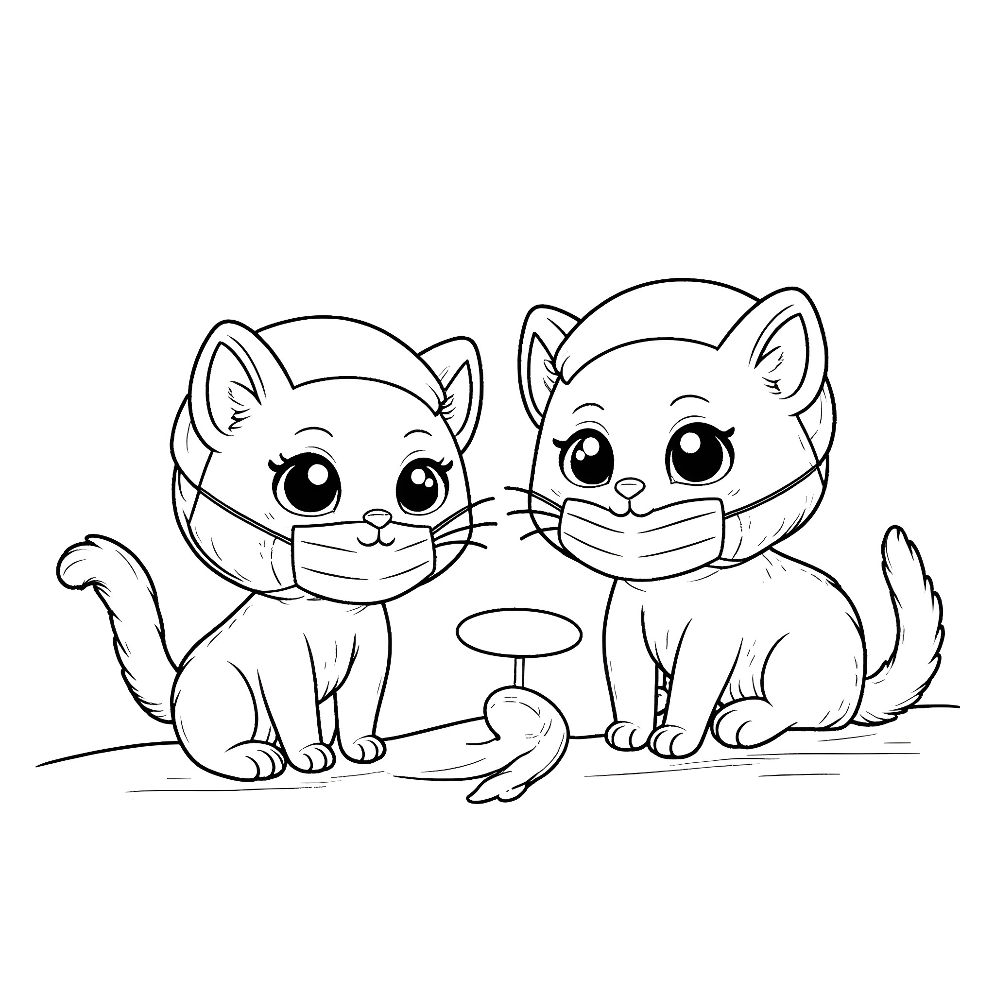 Kittens wearing protective masks Coloring Page (free black-and-white line drawing printable PDF for all, from beginners to advanced learners, including children, teens, adults, and seniors)