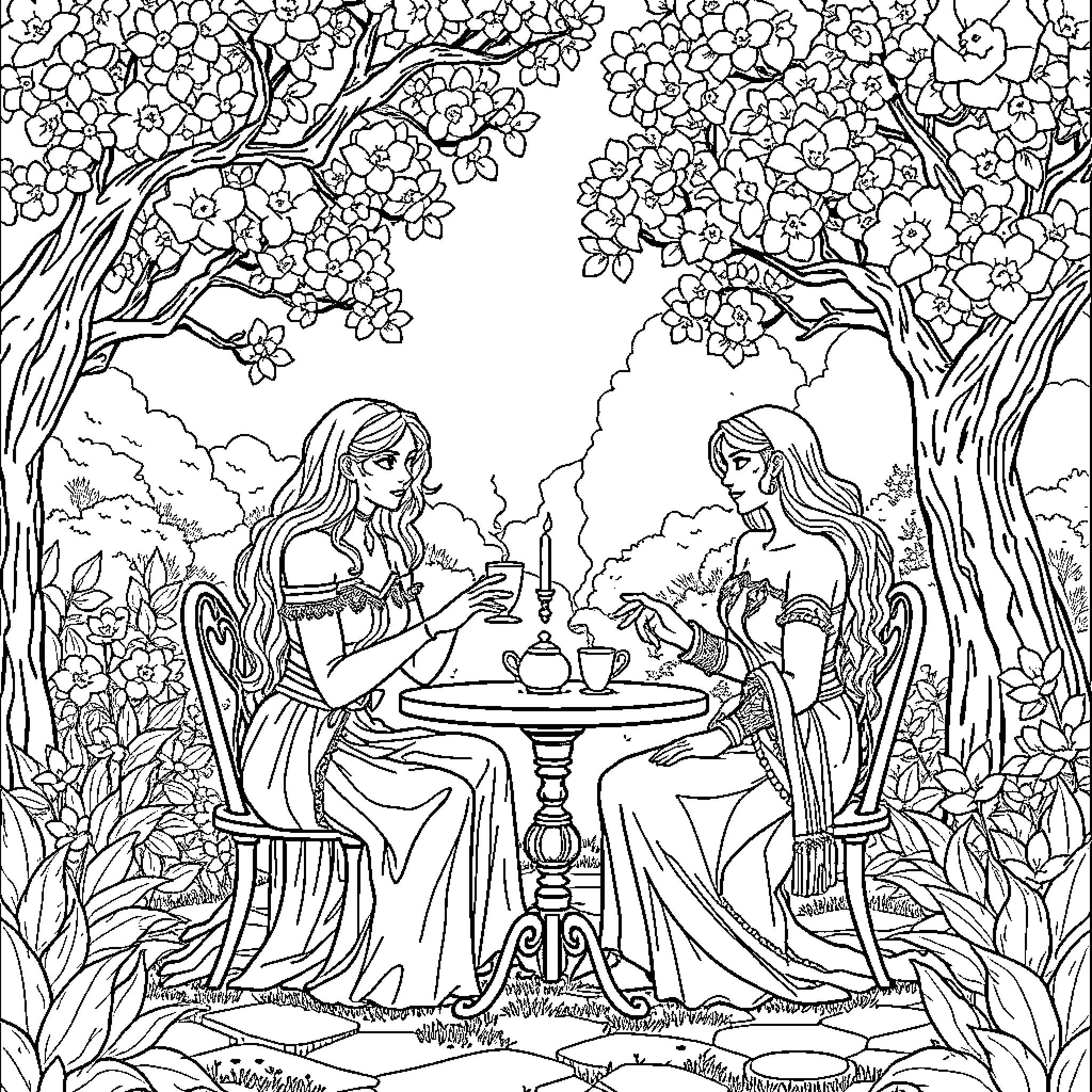 Jael's Tea Time in the Enchanted Garden Coloring Page (free black-and-white line drawing printable PDF for all, from beginners to advanced learners, including children, teens, adults, and seniors)