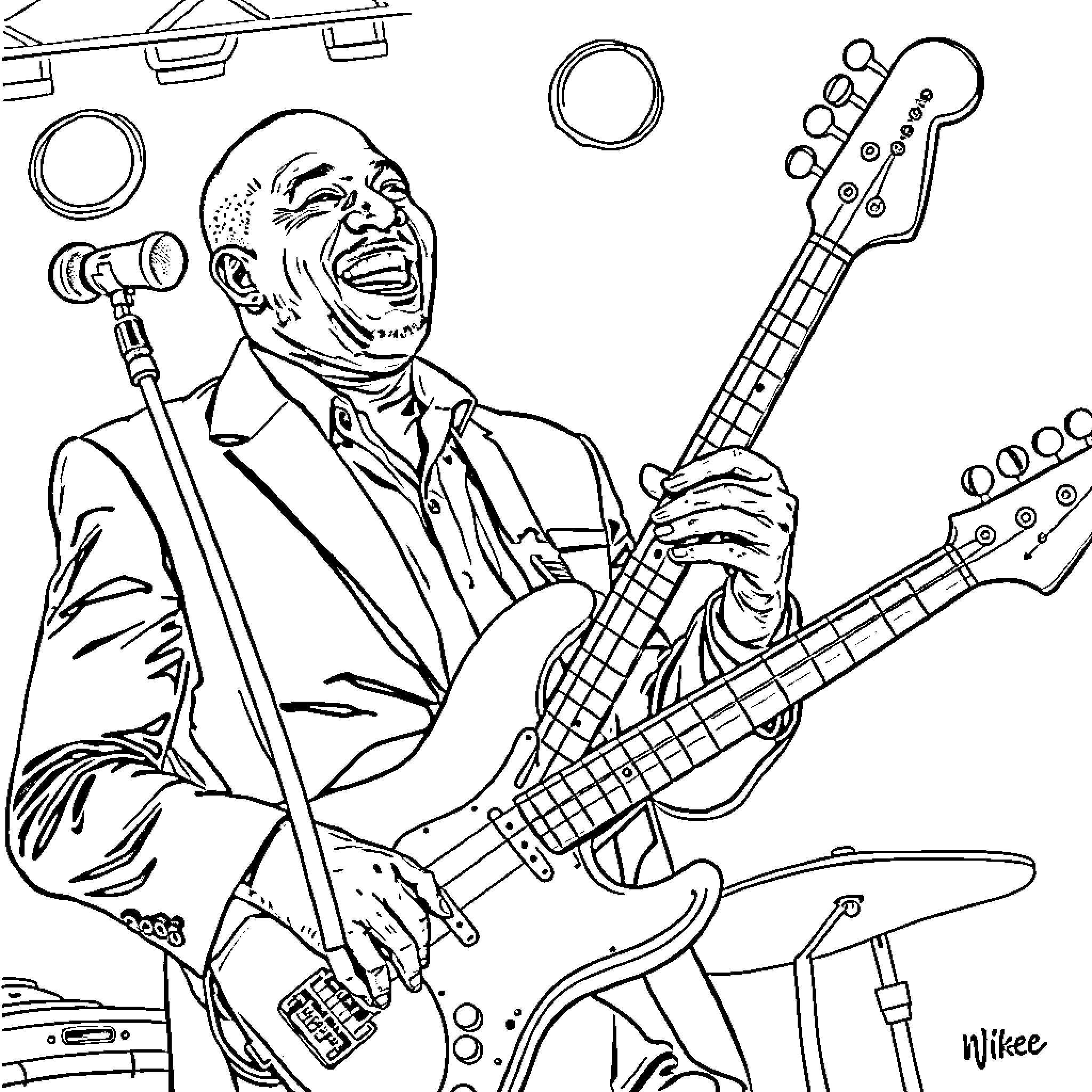 Charles Barkley Performing with Guitar on Stage Coloring Page (free black-and-white line drawing printable PDF for all, from beginners to advanced learners, including children, teens, adults, and seniors)