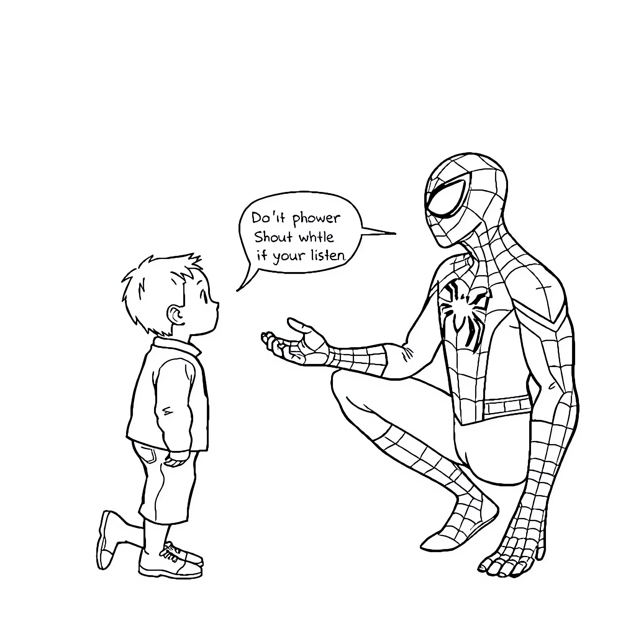 Spiderman advising a young boy on proper behavior Coloring Page (free black-and-white line drawing printable PDF for all, from beginners to advanced learners, including children, teens, adults, and seniors)