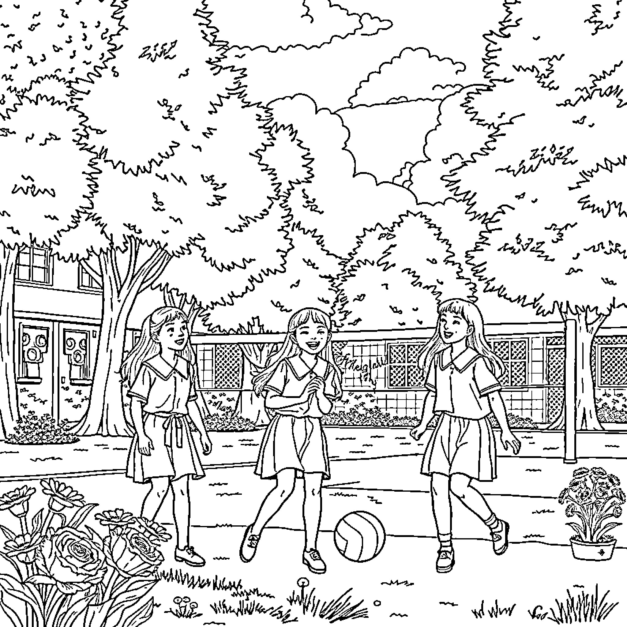 Girls playing outdoors in the park Coloring Page (free black-and-white line drawing printable PDF for all, from beginners to advanced learners, including children, teens, adults, and seniors)