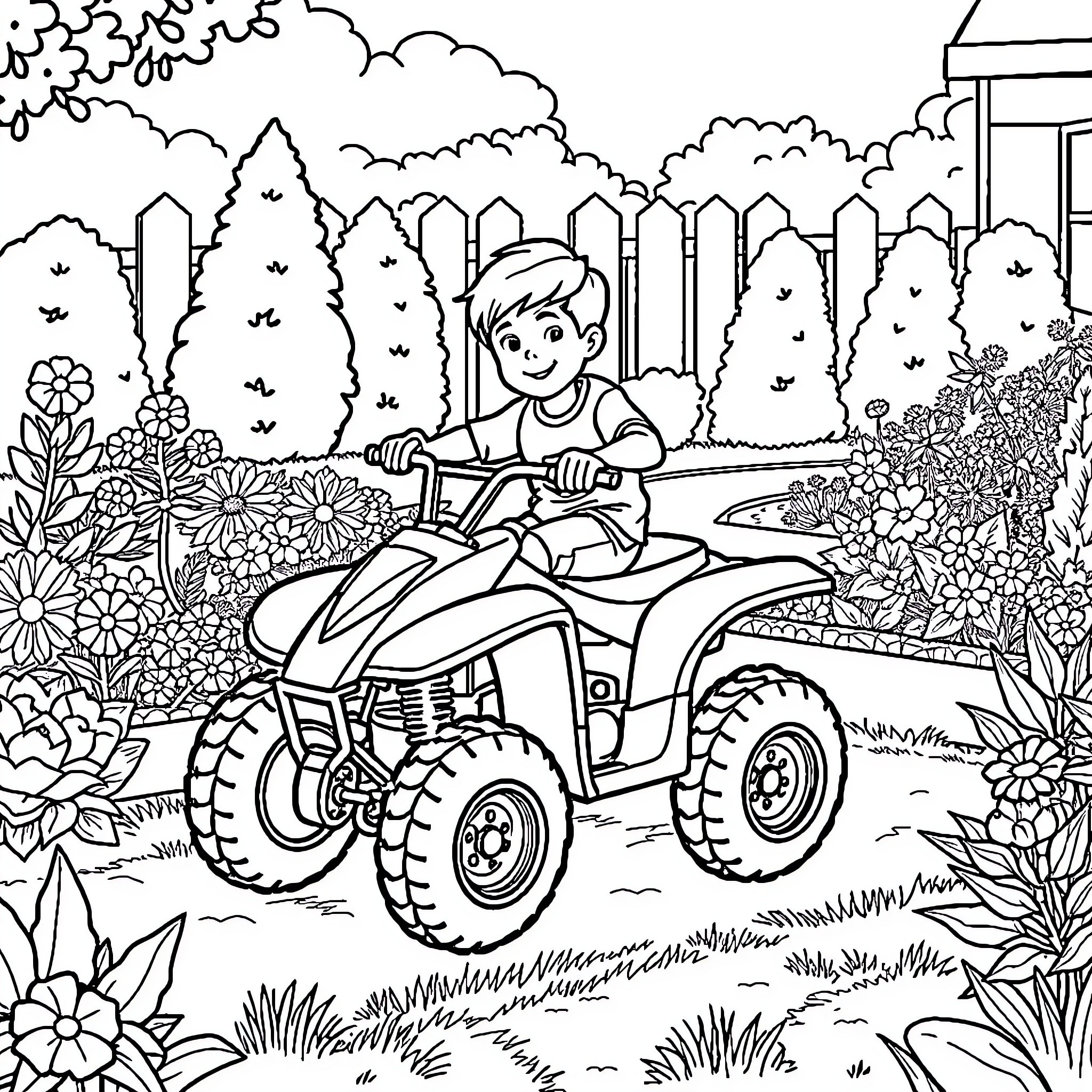 Boy riding an ATV through the countryside Coloring Page (free black-and-white line drawing printable PDF for all, from beginners to advanced learners, including children, teens, adults, and seniors)