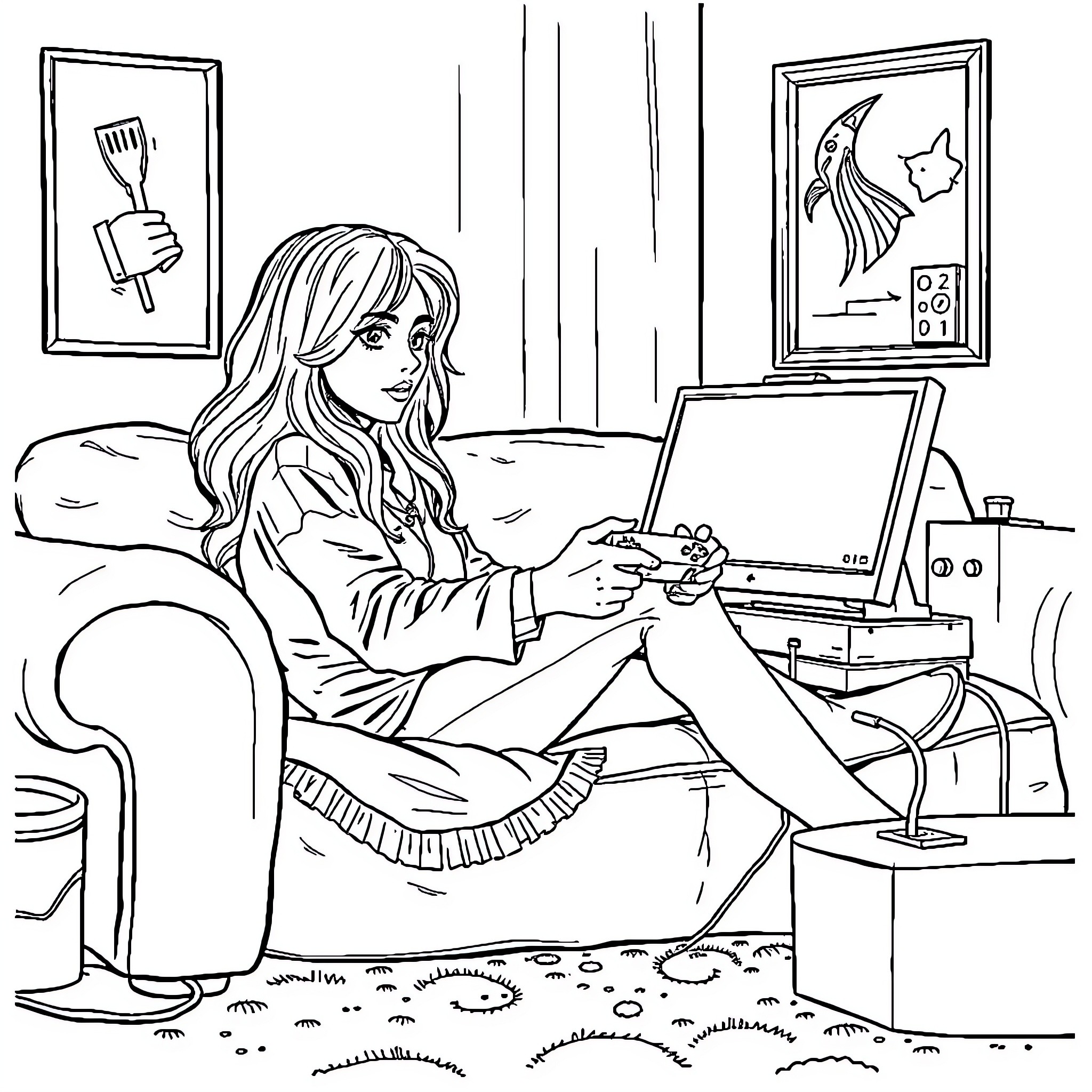 Sabrina Carpenter relaxing and gaming at home Coloring Page (free black-and-white line drawing printable PDF for all, from beginners to advanced learners, including children, teens, adults, and seniors)