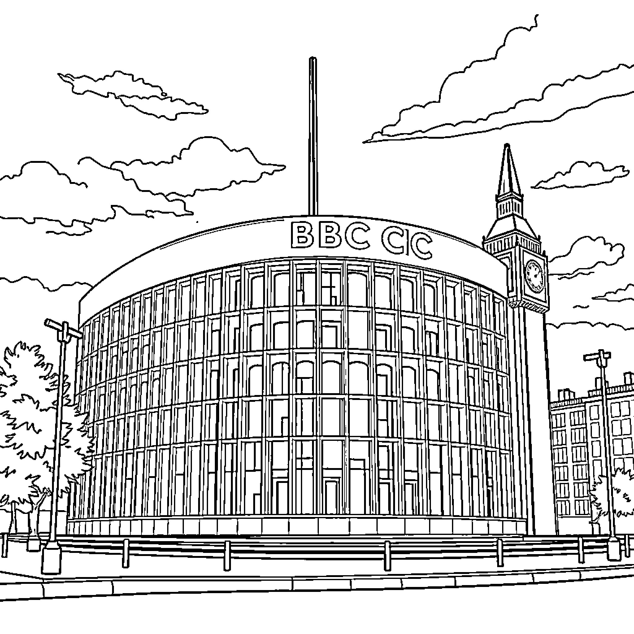 BBC CG: Iconic Broadcasting Building Silhouette Coloring Page (free black-and-white line drawing printable PDF for all, from beginners to advanced learners, including children, teens, adults, and seniors)