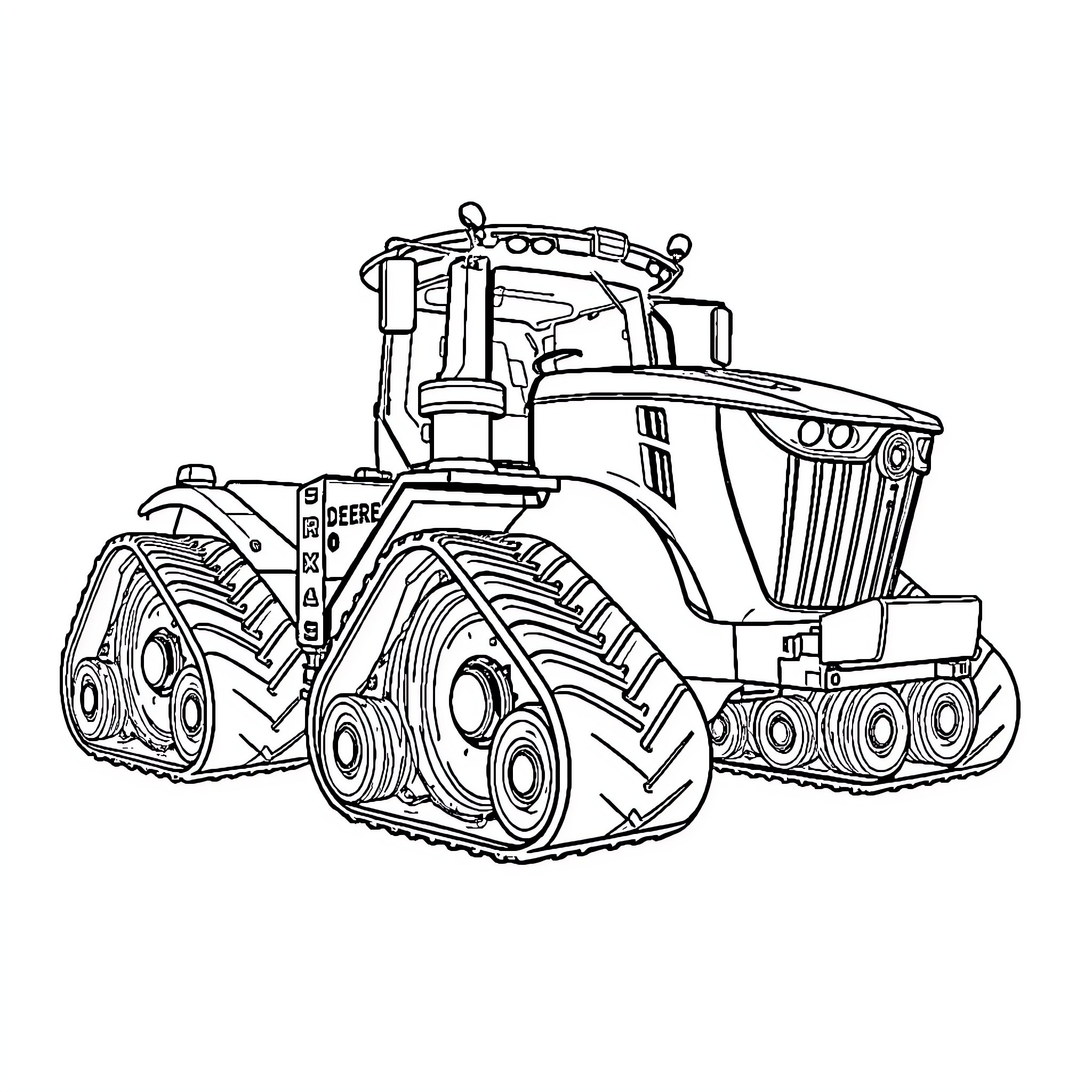 John Deere 9RX tractor on the field Coloring Page (free black-and-white line drawing printable PDF for all, from beginners to advanced learners, including children, teens, adults, and seniors)