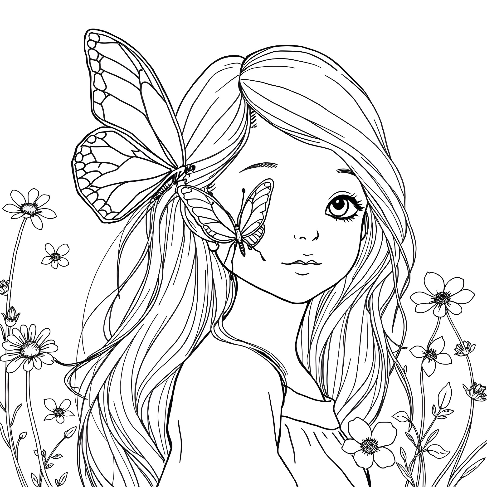 Butterfly girl surrounded by flowers Coloring Page (free black-and-white line drawing printable PDF for all, from beginners to advanced learners, including children, teens, adults, and seniors)