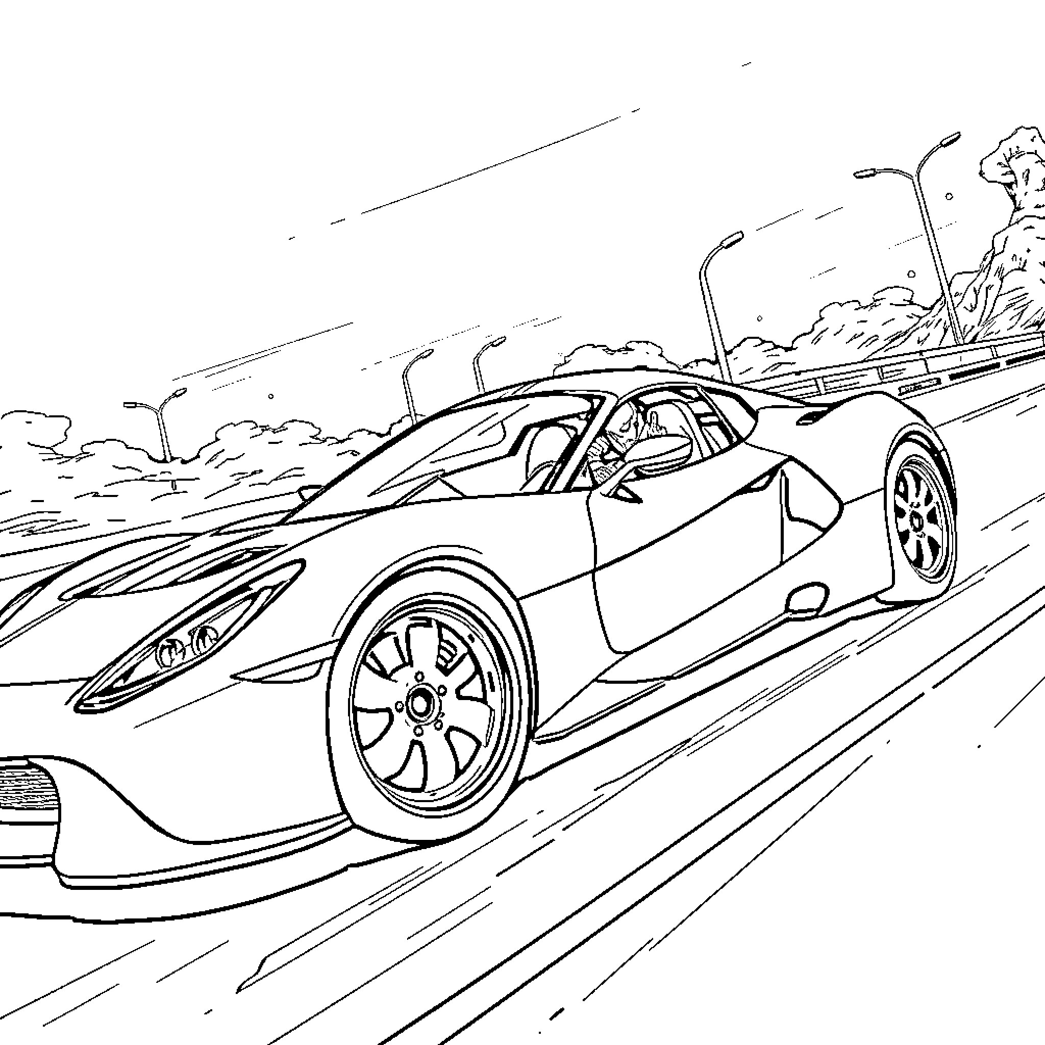 Venom supercar racing on the highway Coloring Page (free black-and-white line drawing printable PDF for all, from beginners to advanced learners, including children, teens, adults, and seniors)