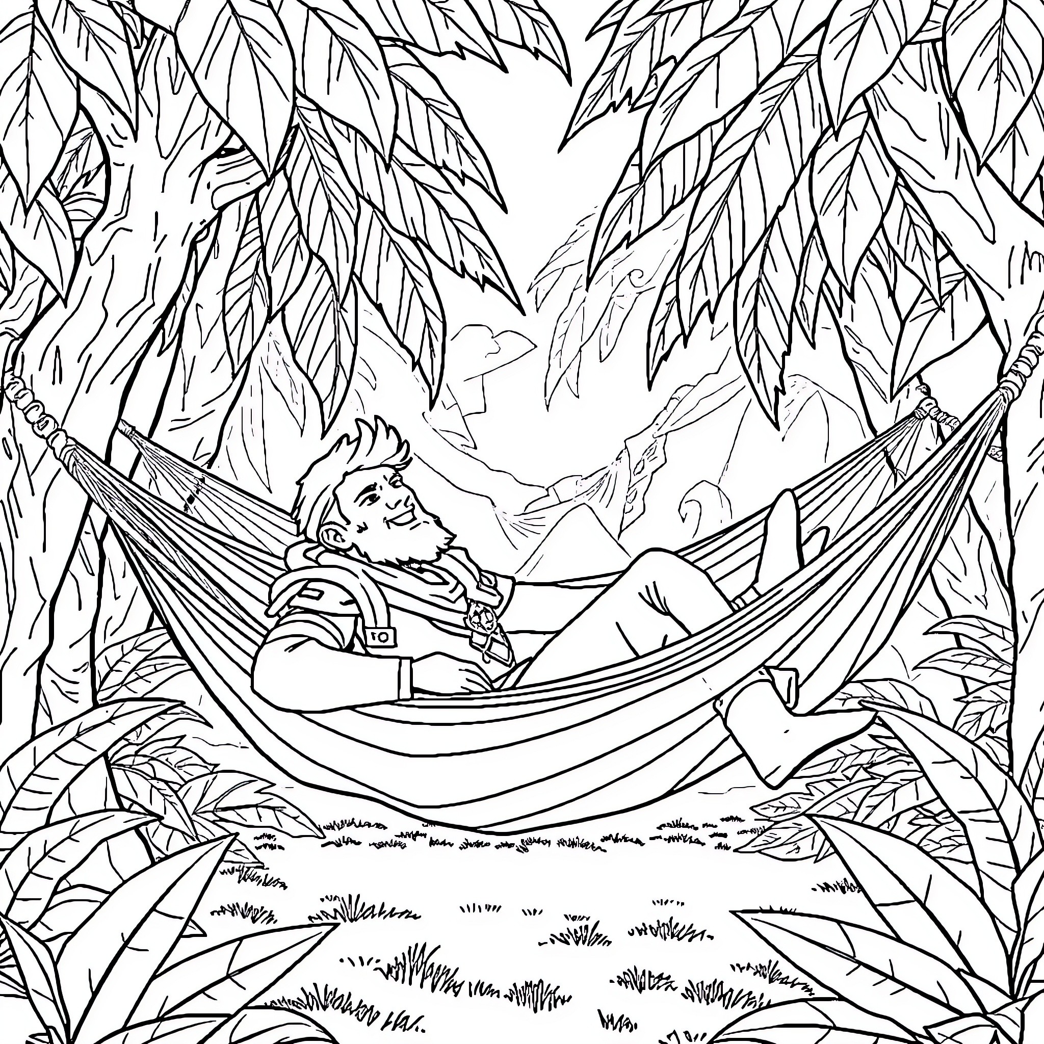 Viktor relaxing in a hammock in the forest Coloring Page (free black-and-white line drawing printable PDF for all, from beginners to advanced learners, including children, teens, adults, and seniors)