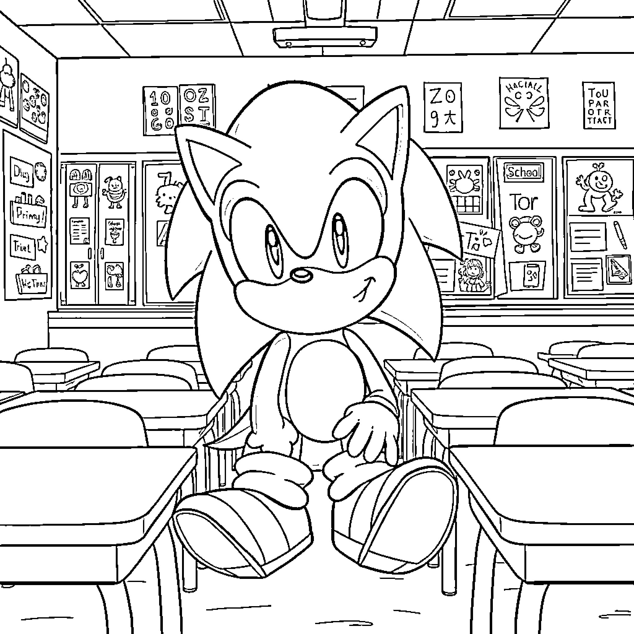 Sonic Studying Intently in the Classroom Coloring Page (free black-and-white line drawing printable PDF for all, from beginners to advanced learners, including children, teens, adults, and seniors)