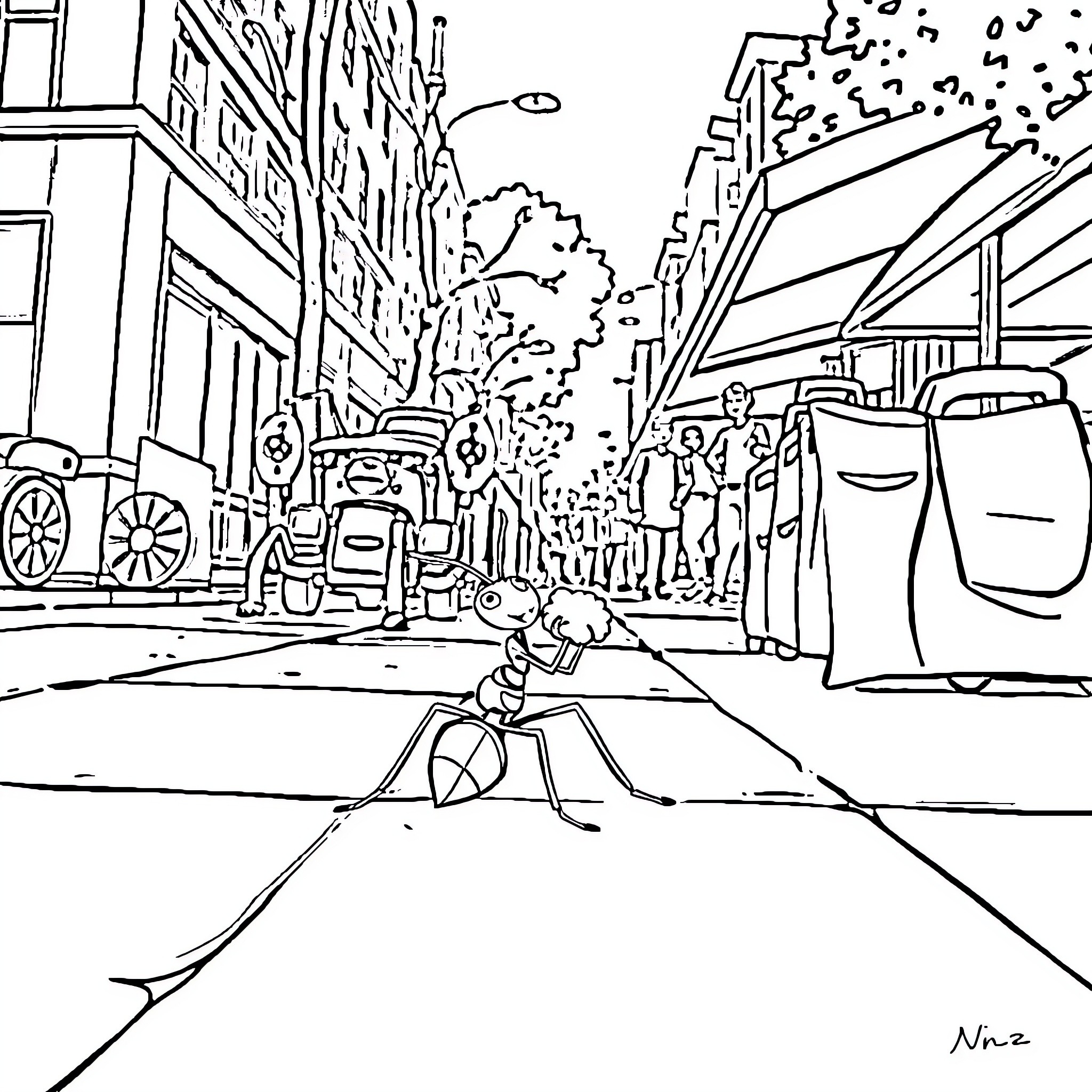 Ant exploring busy city street Coloring Page (free black-and-white line drawing printable PDF for all, from beginners to advanced learners, including children, teens, adults, and seniors)