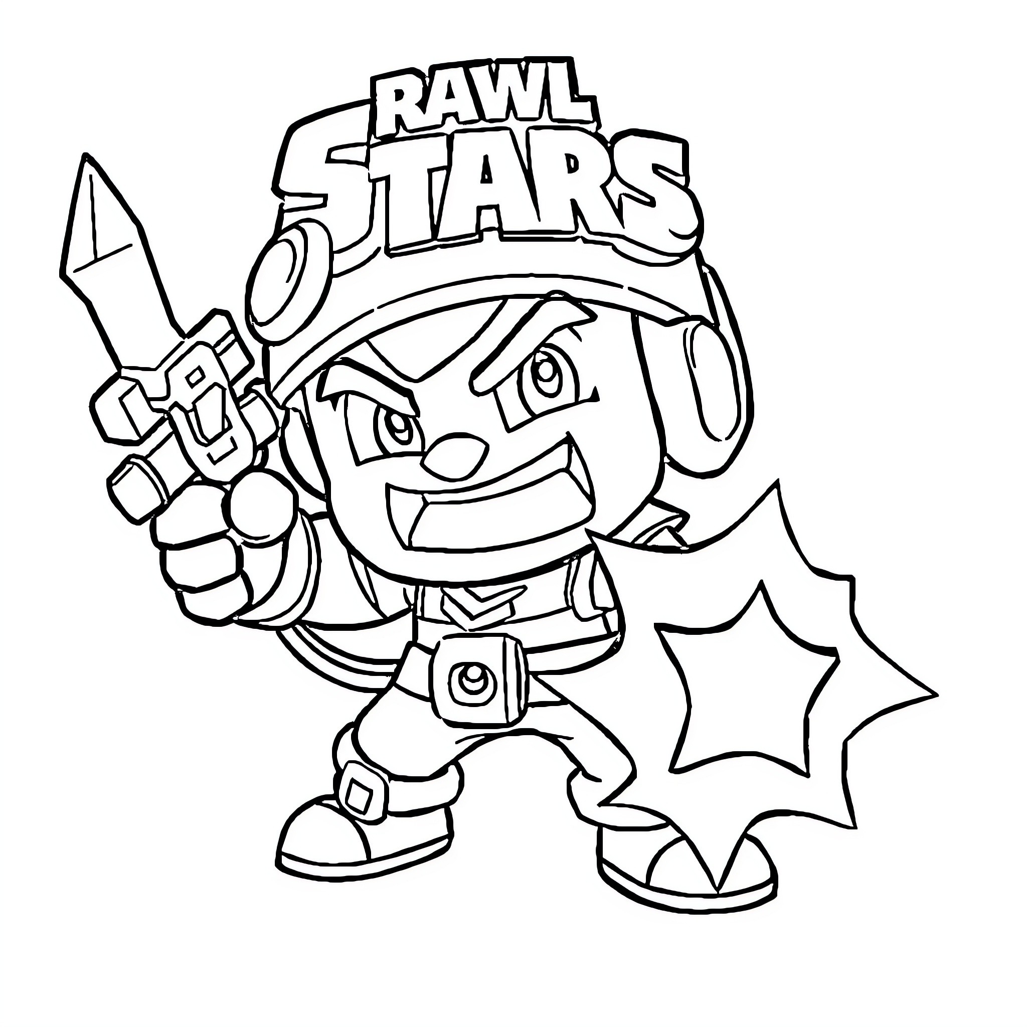 Brawl Stars Character with Weapon Holding a Star Coloring Page (free black-and-white line drawing printable PDF for all, from beginners to advanced learners, including children, teens, adults, and seniors)