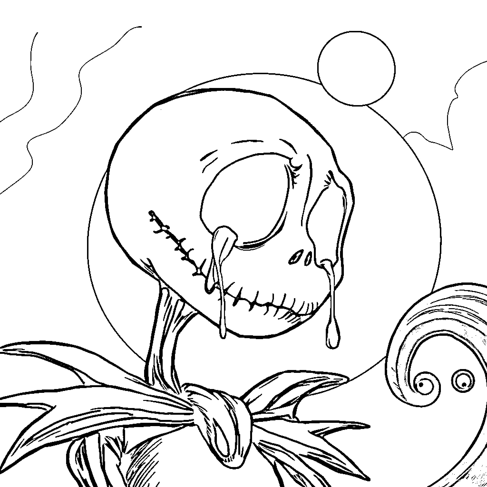 Jack Skellington in a spooky nightscape Coloring Page (free black-and-white line drawing printable PDF for all, from beginners to advanced learners, including children, teens, adults, and seniors)