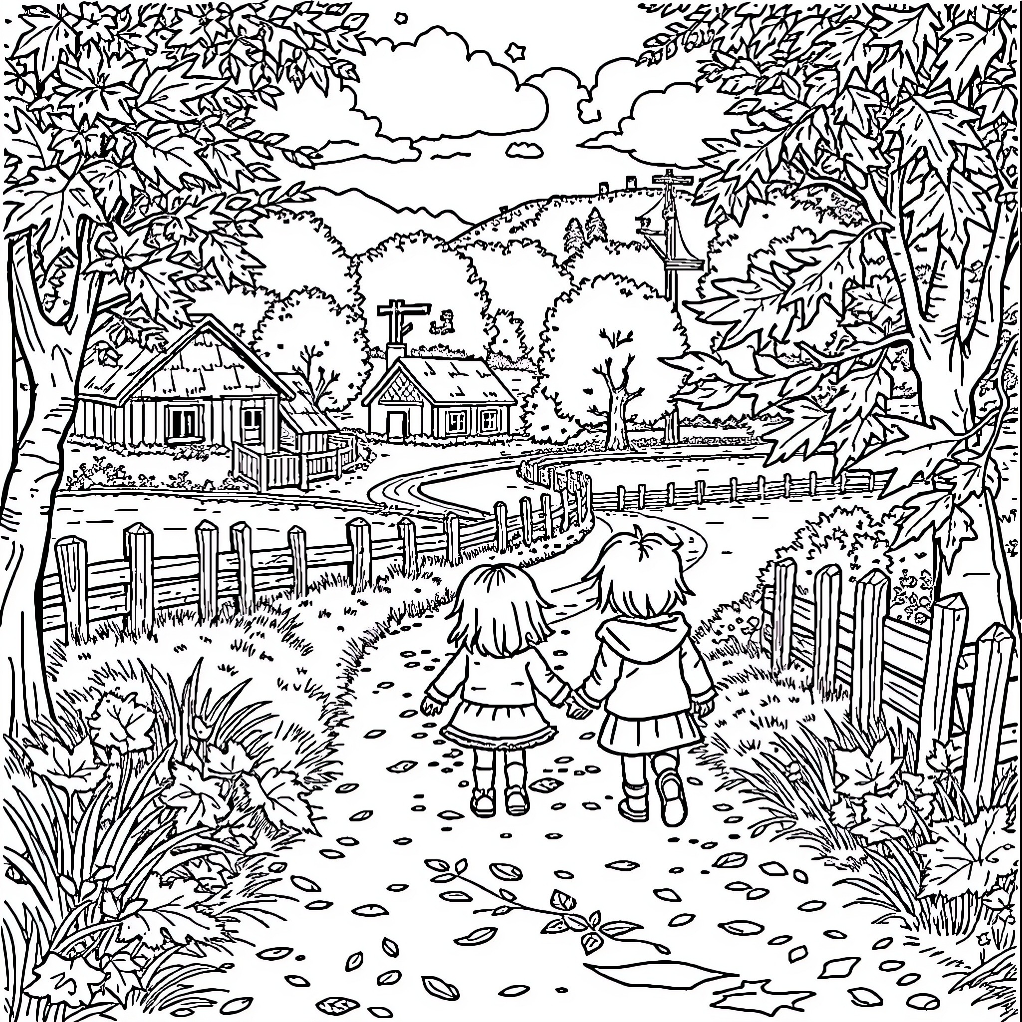 Children exploring the enchanting countryside Coloring Page (free black-and-white line drawing printable PDF for all, from beginners to advanced learners, including children, teens, adults, and seniors)