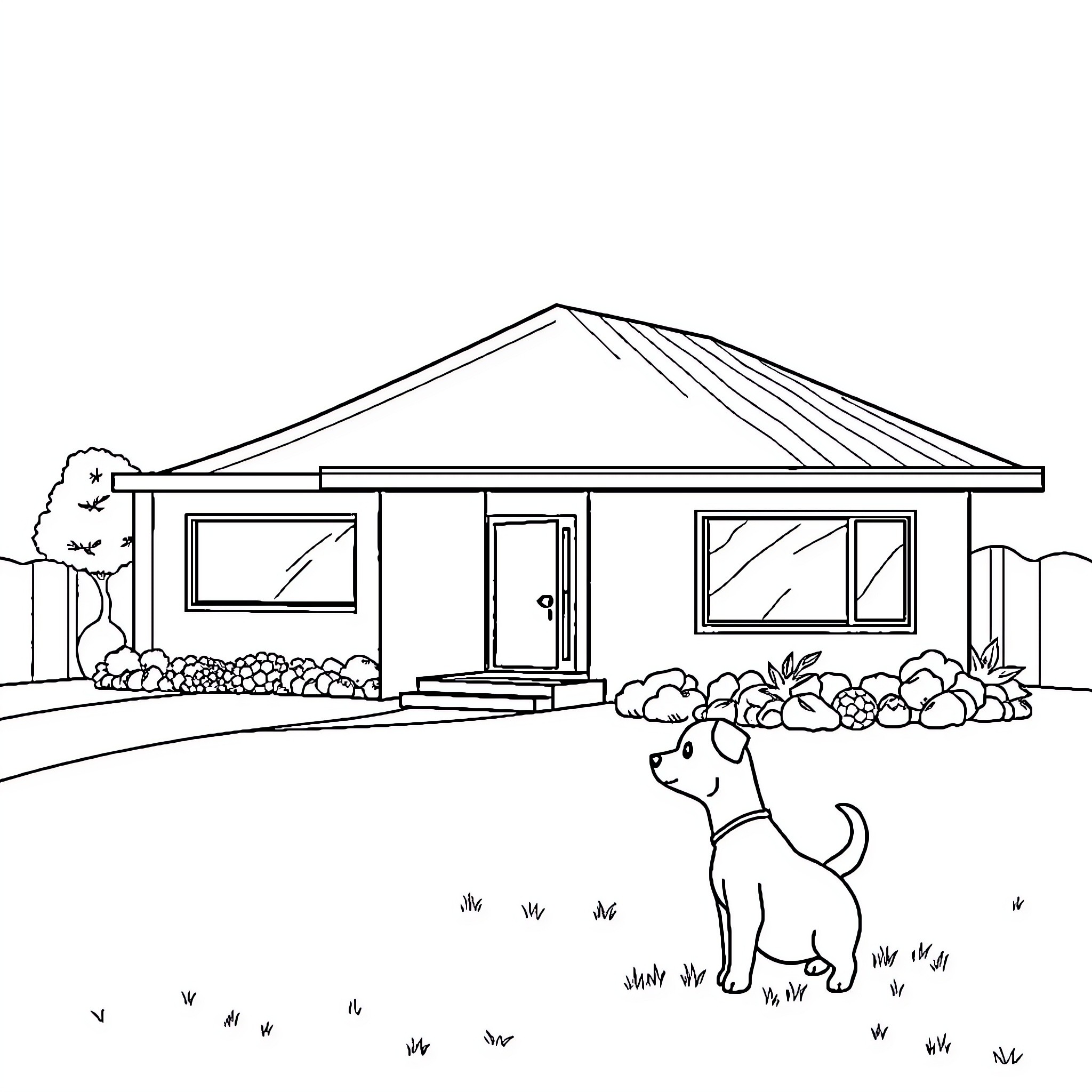 House with dog in the yard Coloring Page (free black-and-white line drawing printable PDF for all, from beginners to advanced learners, including children, teens, adults, and seniors)