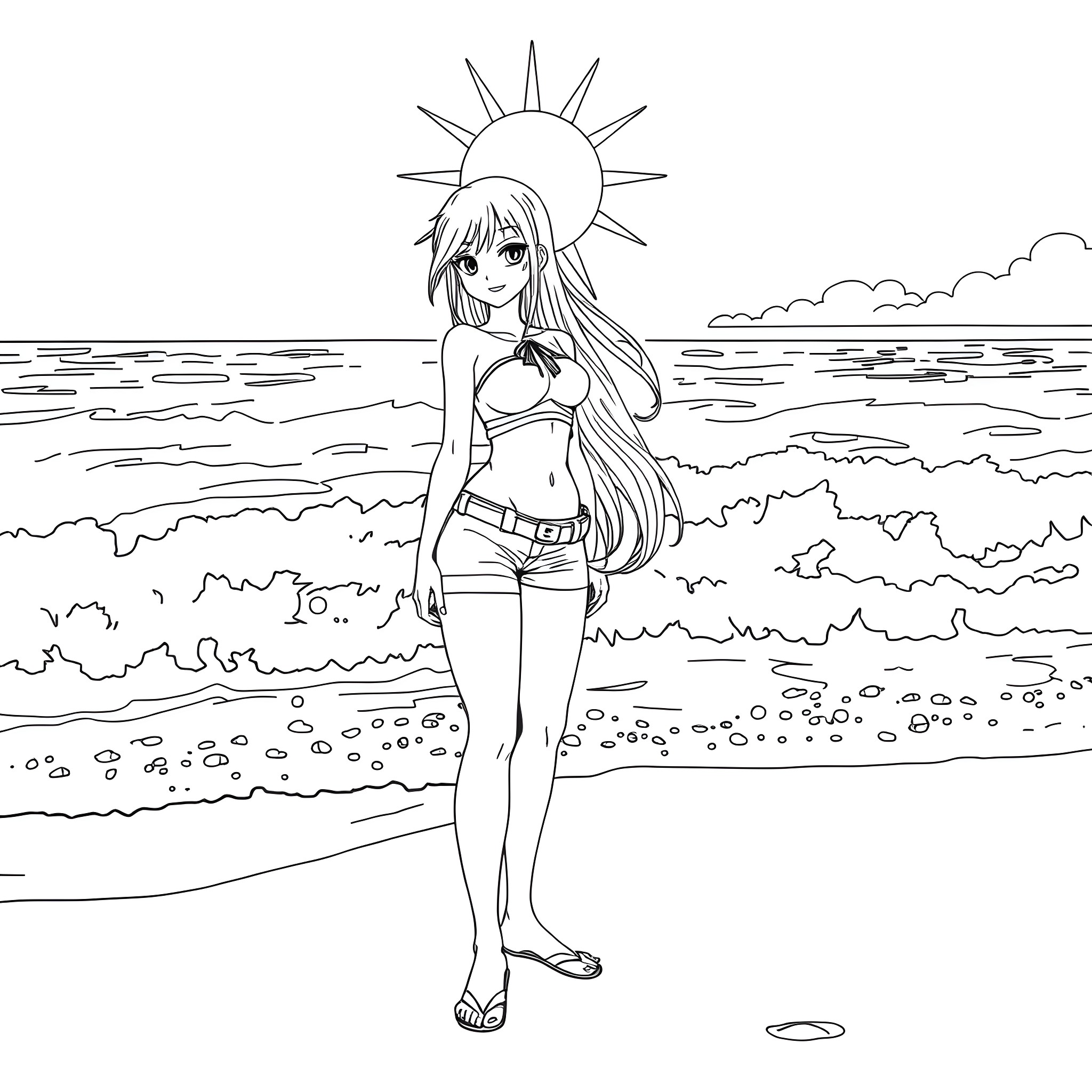 Tifa Lockhart enjoying the beach scenery Coloring Page (free black-and-white line drawing printable PDF for all, from beginners to advanced learners, including children, teens, adults, and seniors)