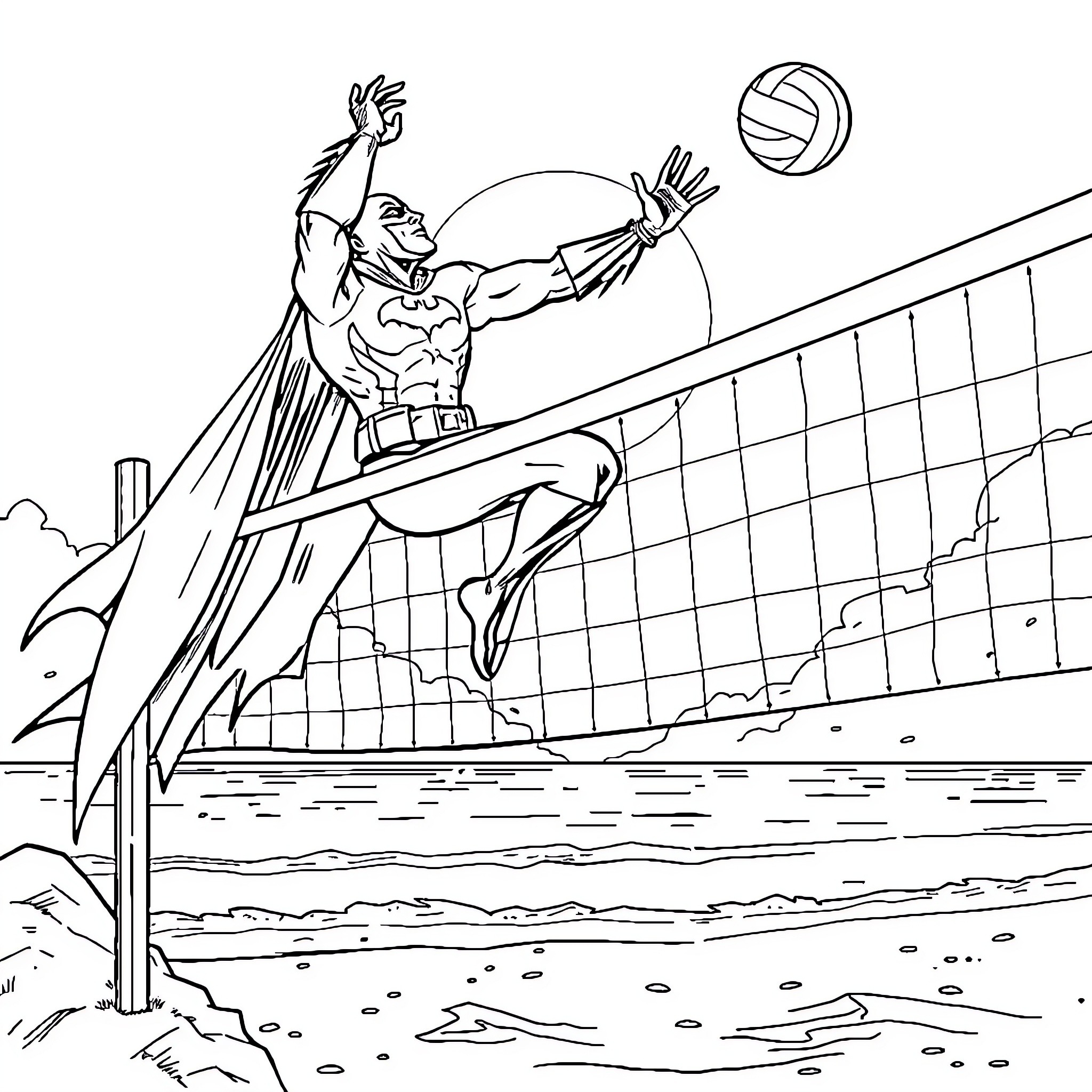 Batman saving volleyball mid-air on the beach Coloring Page (free black-and-white line drawing printable PDF for all, from beginners to advanced learners, including children, teens, adults, and seniors)