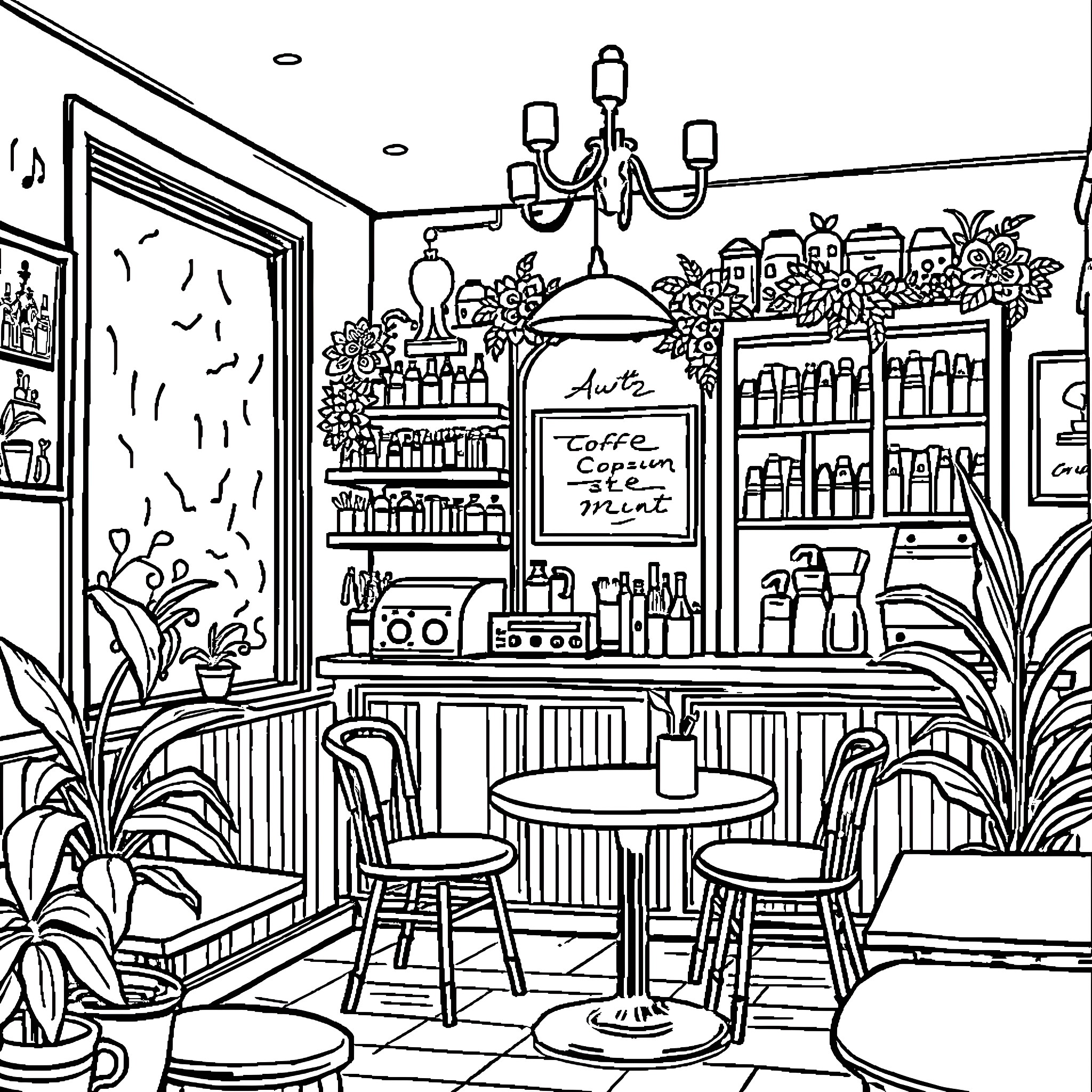 Coffee Shop with Cozy Atmosphere and Artistic Decor Coloring Page (free black-and-white line drawing printable PDF for all, from beginners to advanced learners, including children, teens, adults, and seniors)