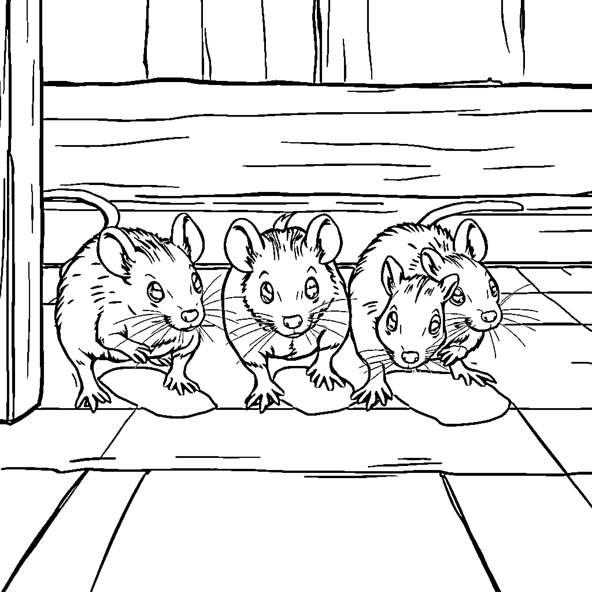 Rat friends exploring a wooden enclosure Coloring Page (free black-and-white line drawing printable PDF for all, from beginners to advanced learners, including children, teens, adults, and seniors)