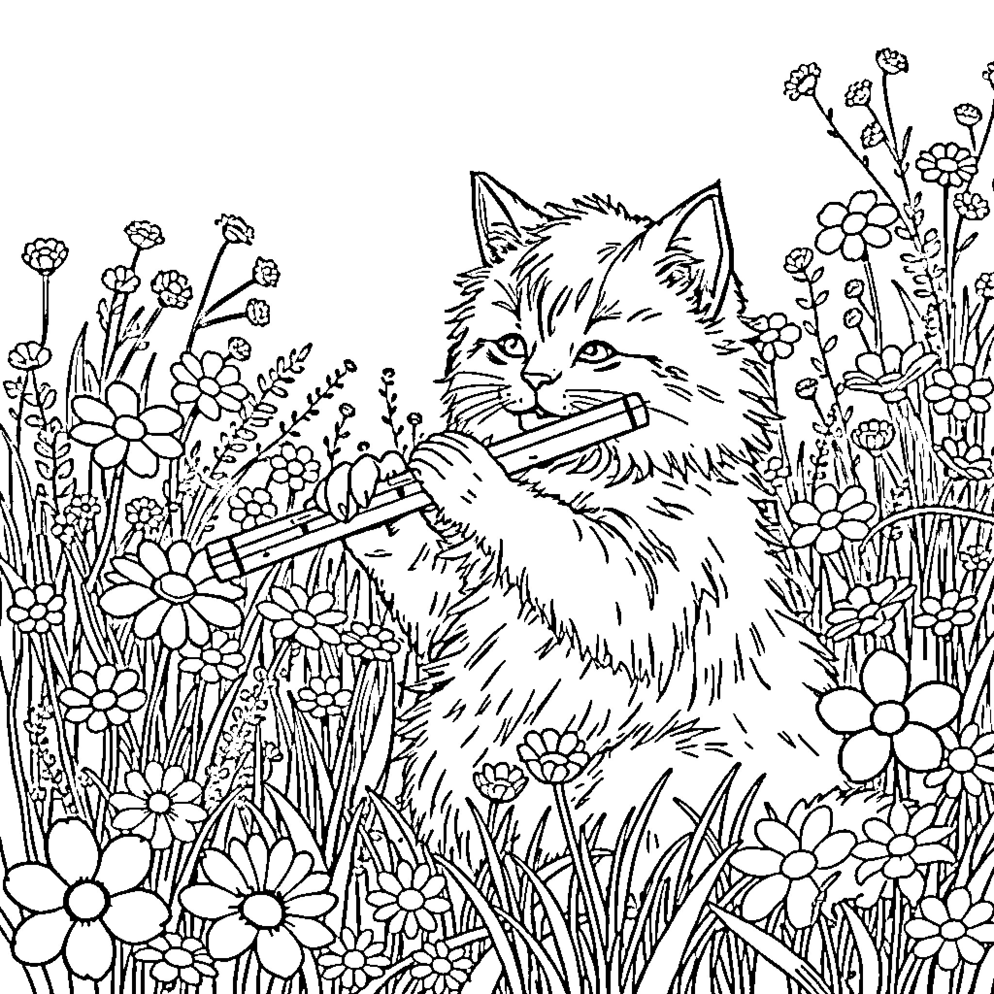 Cat relaxing in a field of flowers Coloring Page (free black-and-white line drawing printable PDF for all, from beginners to advanced learners, including children, teens, adults, and seniors)