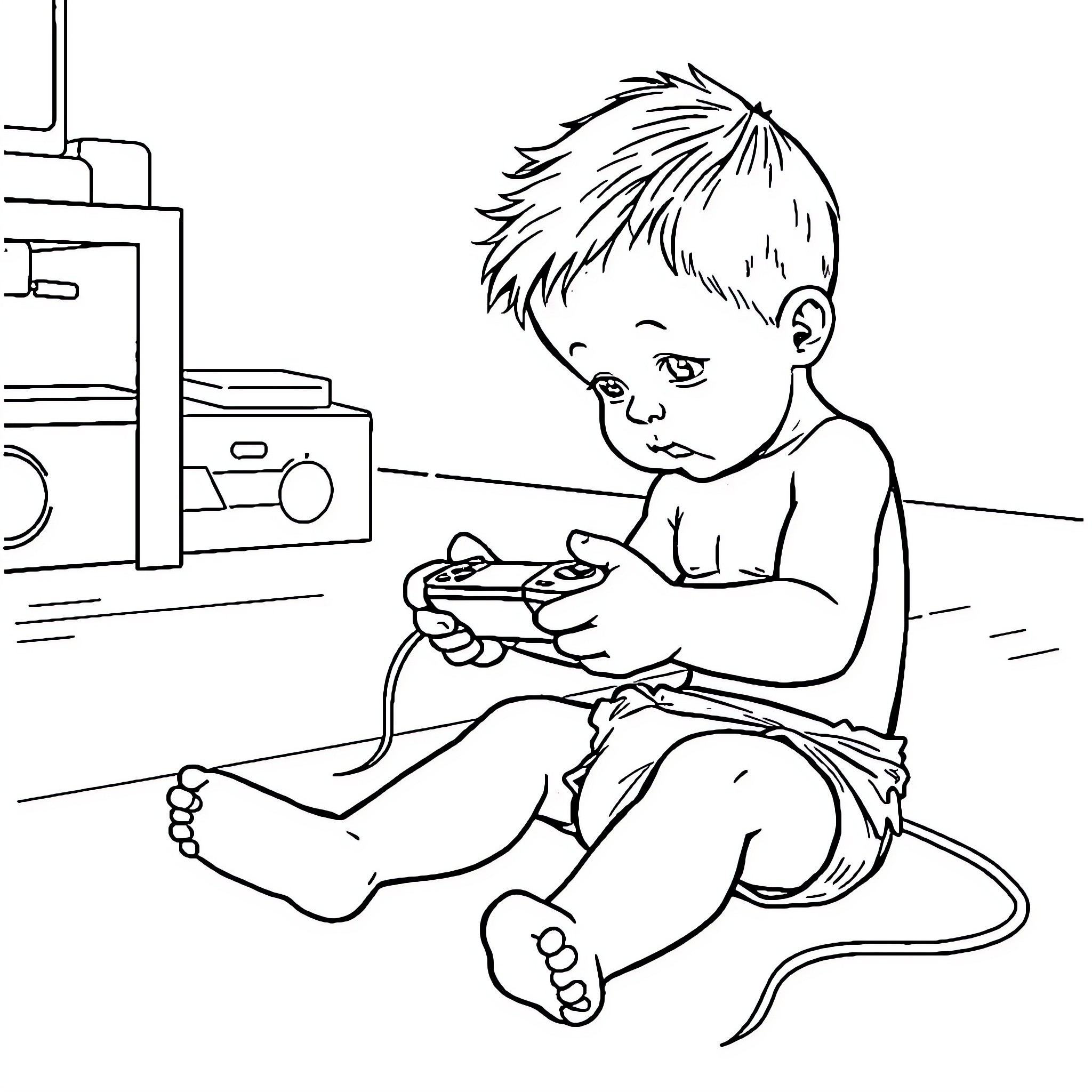 Boy Playing Video Game in Room Coloring Page (free black-and-white line drawing printable PDF for all, from beginners to advanced learners, including children, teens, adults, and seniors)