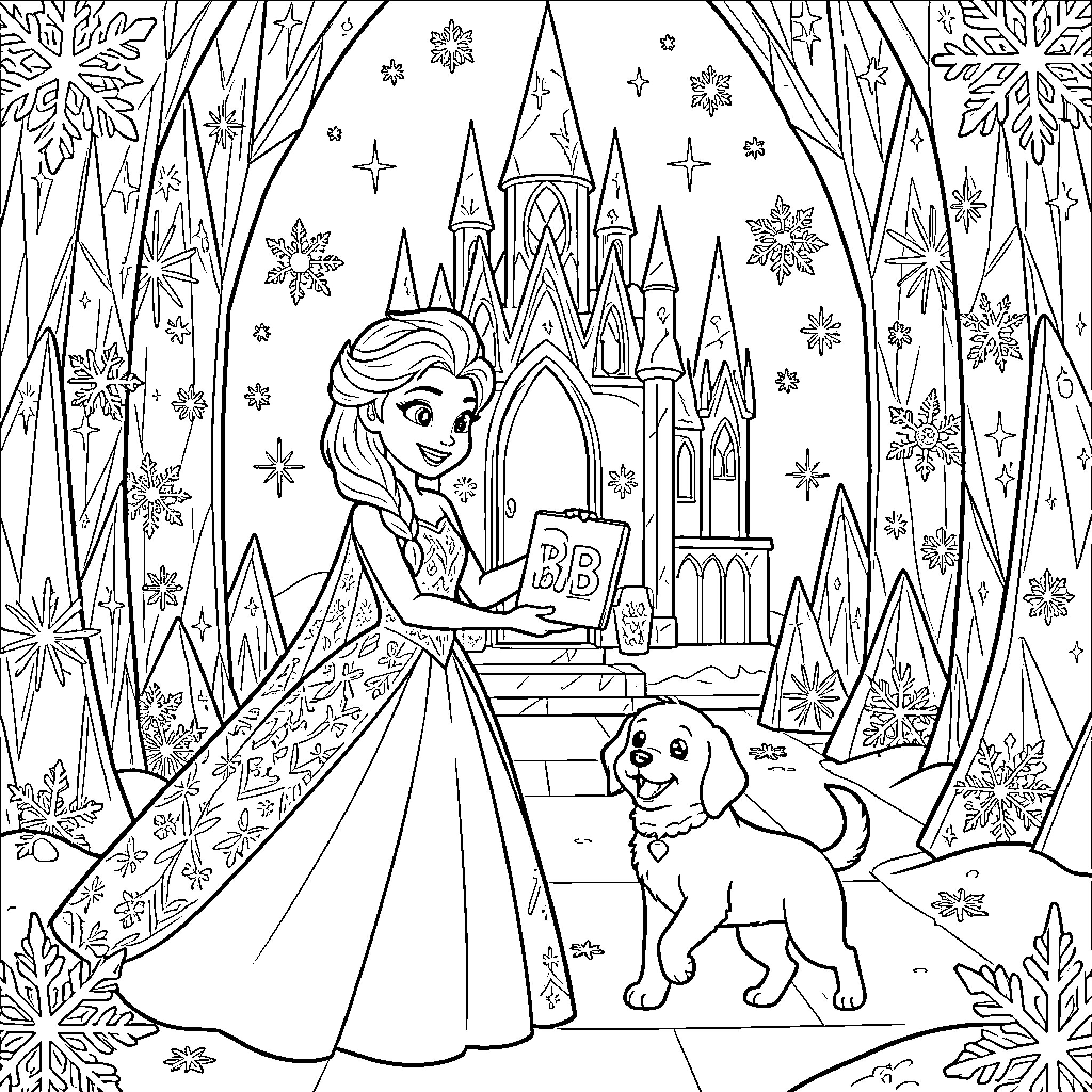 Elsa's Wintry Castle Enchantment with Puppy Companion Coloring Page (free black-and-white line drawing printable PDF for all, from beginners to advanced learners, including children, teens, adults, and seniors)