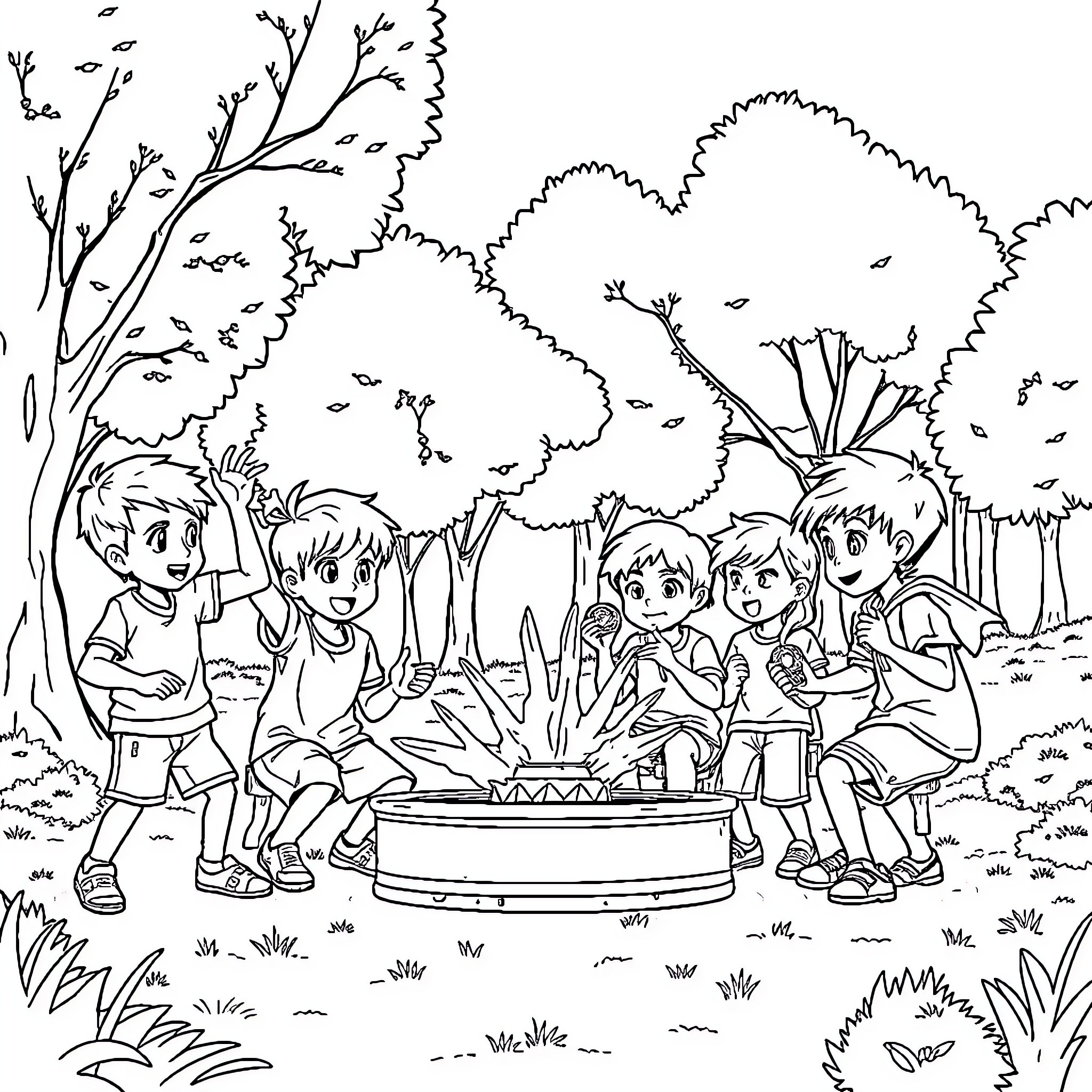 Beyblade battle in the forest Coloring Page (free black-and-white line drawing printable PDF for all, from beginners to advanced learners, including children, teens, adults, and seniors)