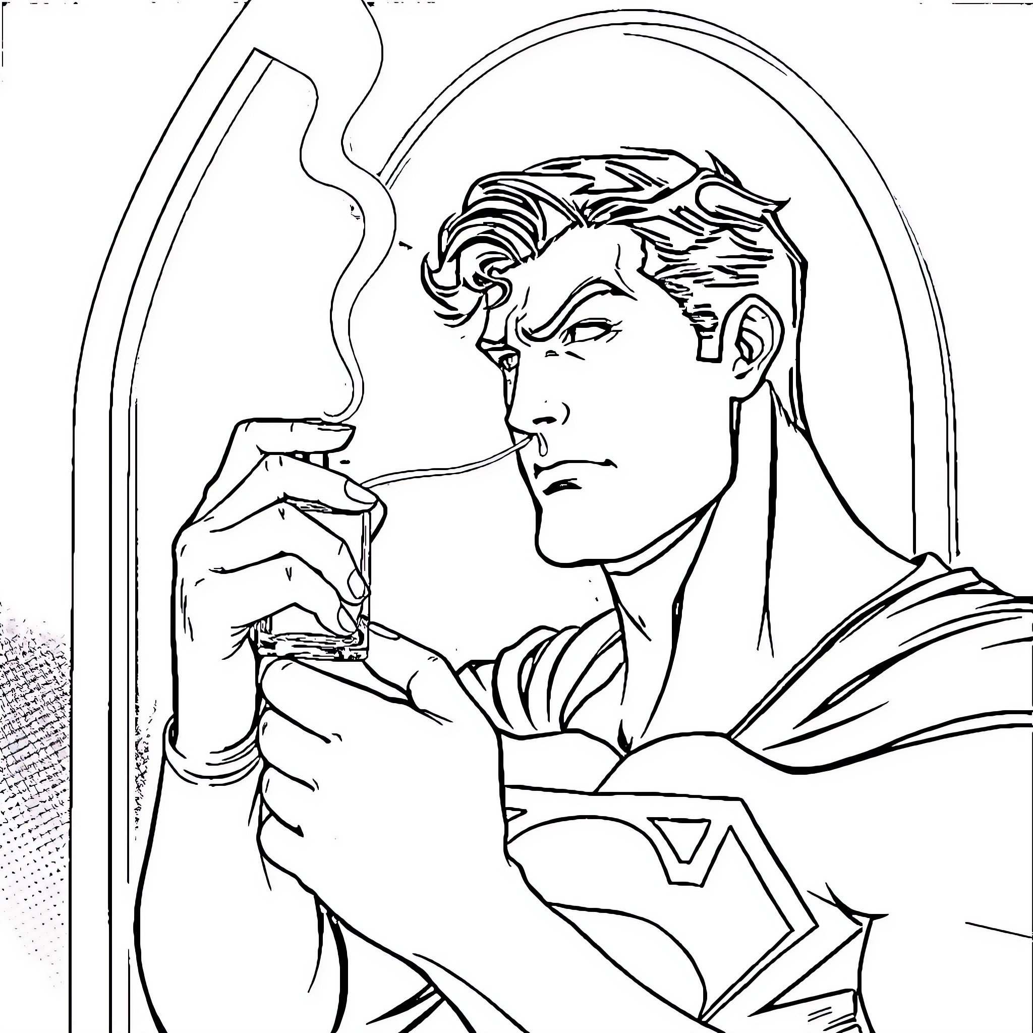 Superman in a pensive moment Coloring Page (free black-and-white line drawing printable PDF for all, from beginners to advanced learners, including children, teens, adults, and seniors)