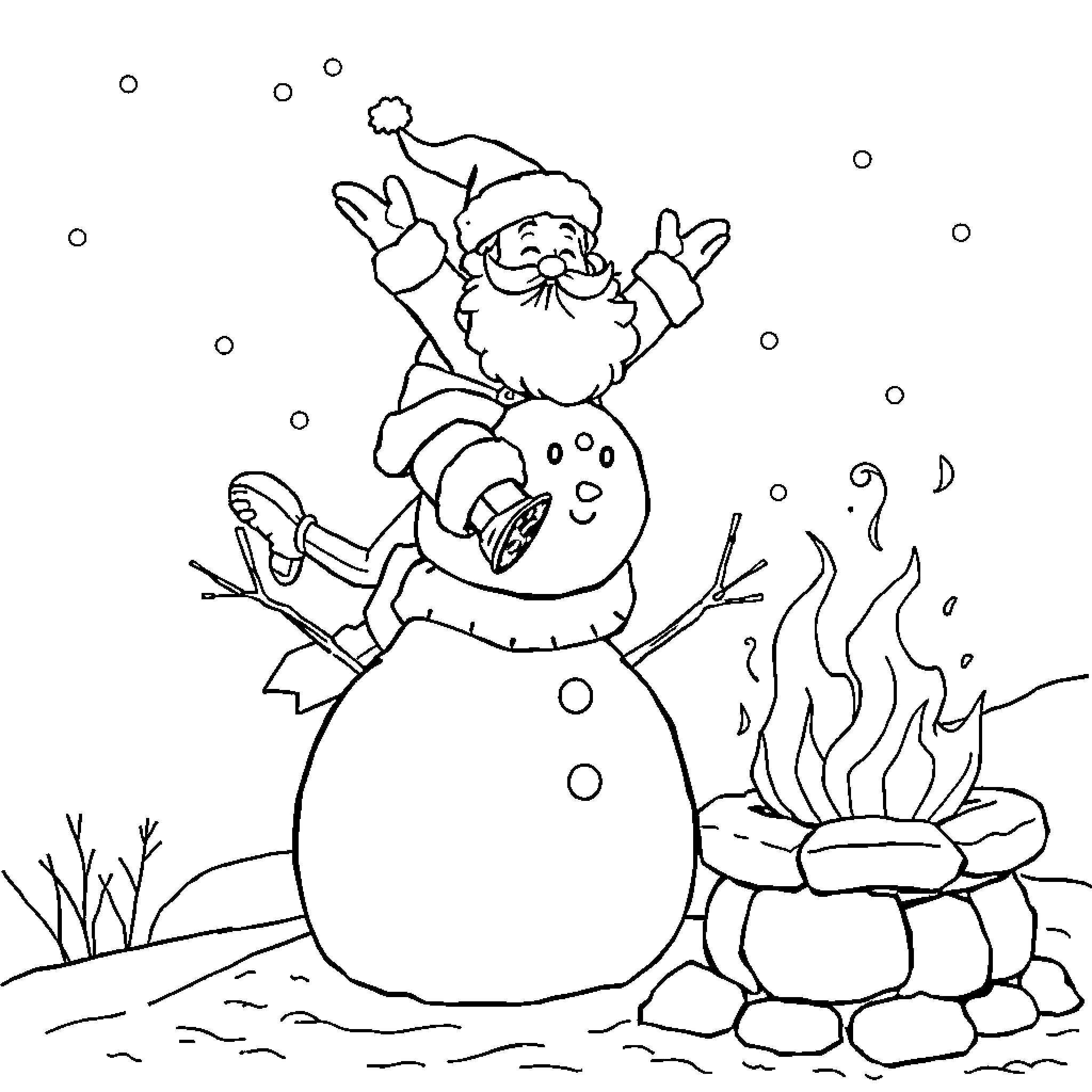 Santa Snowman Spreading Holiday Cheer by the Fireplace Coloring Page (free black-and-white line drawing printable PDF for all, from beginners to advanced learners, including children, teens, adults, and seniors)