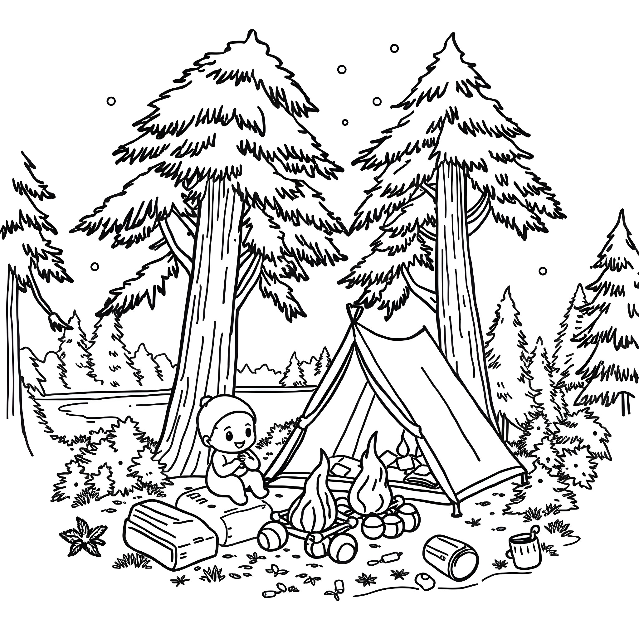 Bubu and Dudu Camping in the Snowy Forest Coloring Page (free black-and-white line drawing printable PDF for all, from beginners to advanced learners, including children, teens, adults, and seniors)