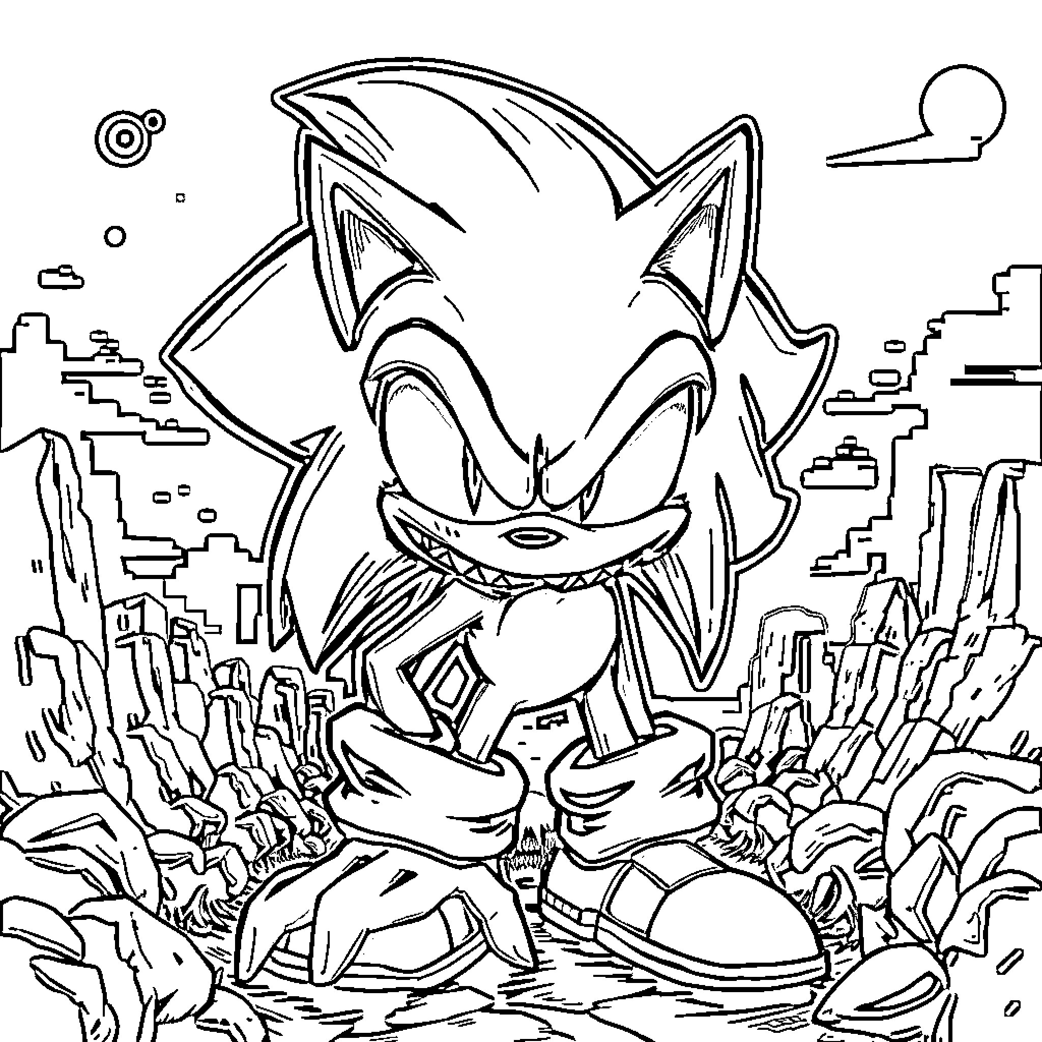 Sonic.exe's sinister stance amid a dark, dystopian landscape Coloring Page (free black-and-white line drawing printable PDF for all, from beginners to advanced learners, including children, teens, adults, and seniors)