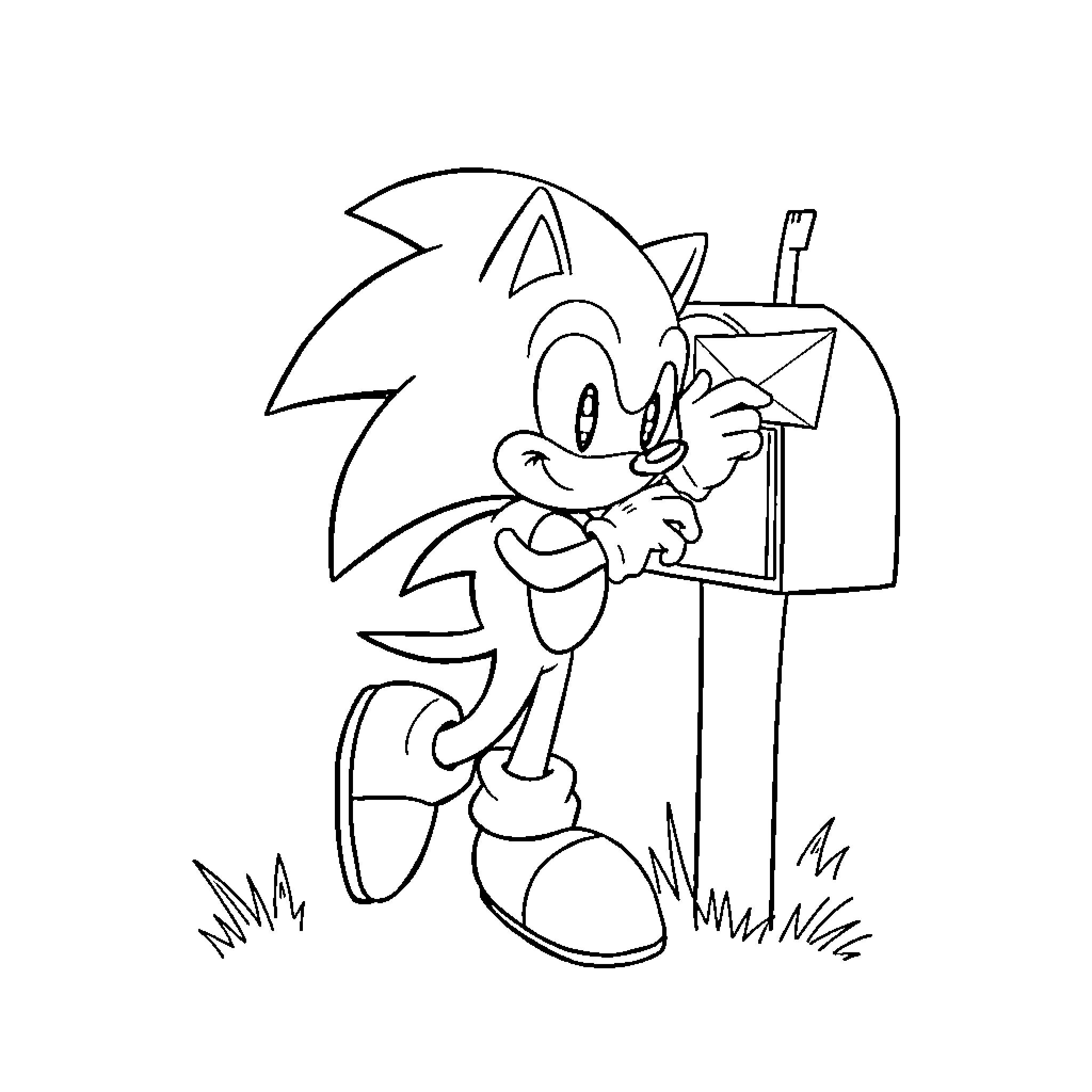 Sonic Receiving Mail with Curiosity Coloring Page (free black-and-white line drawing printable PDF for all, from beginners to advanced learners, including children, teens, adults, and seniors)
