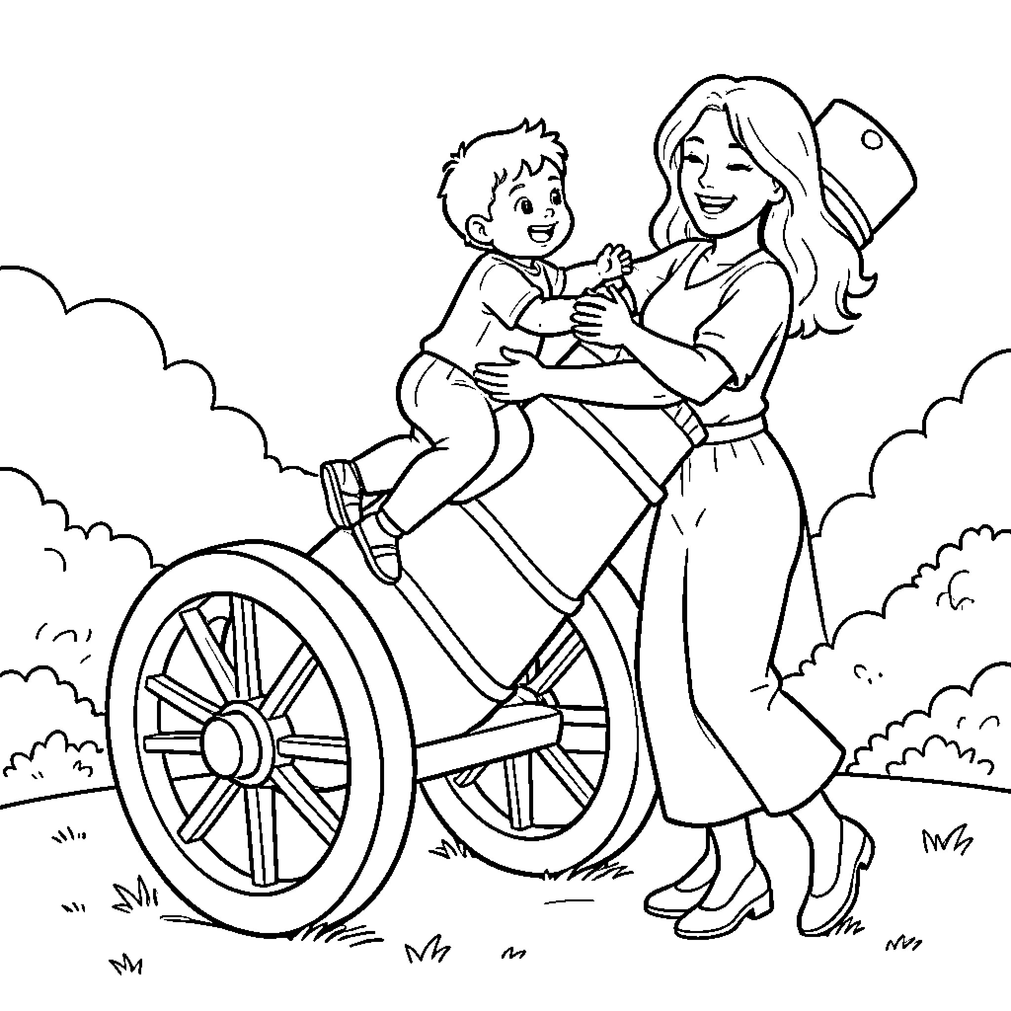 Mother smiling while playing with her child Coloring Page (free black-and-white line drawing printable PDF for all, from beginners to advanced learners, including children, teens, adults, and seniors)